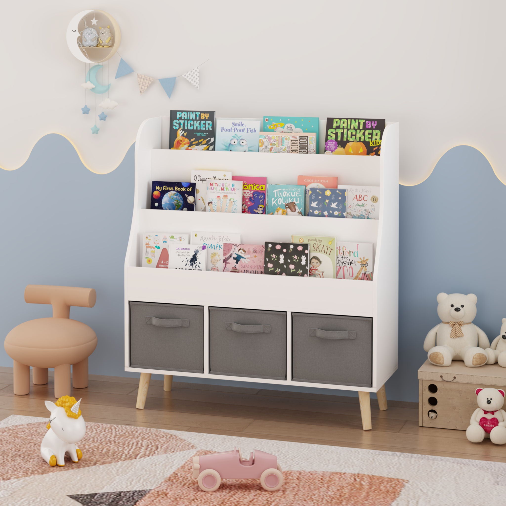 Bookshelf With 3 Bins, Storage Shelf For Toys And Books