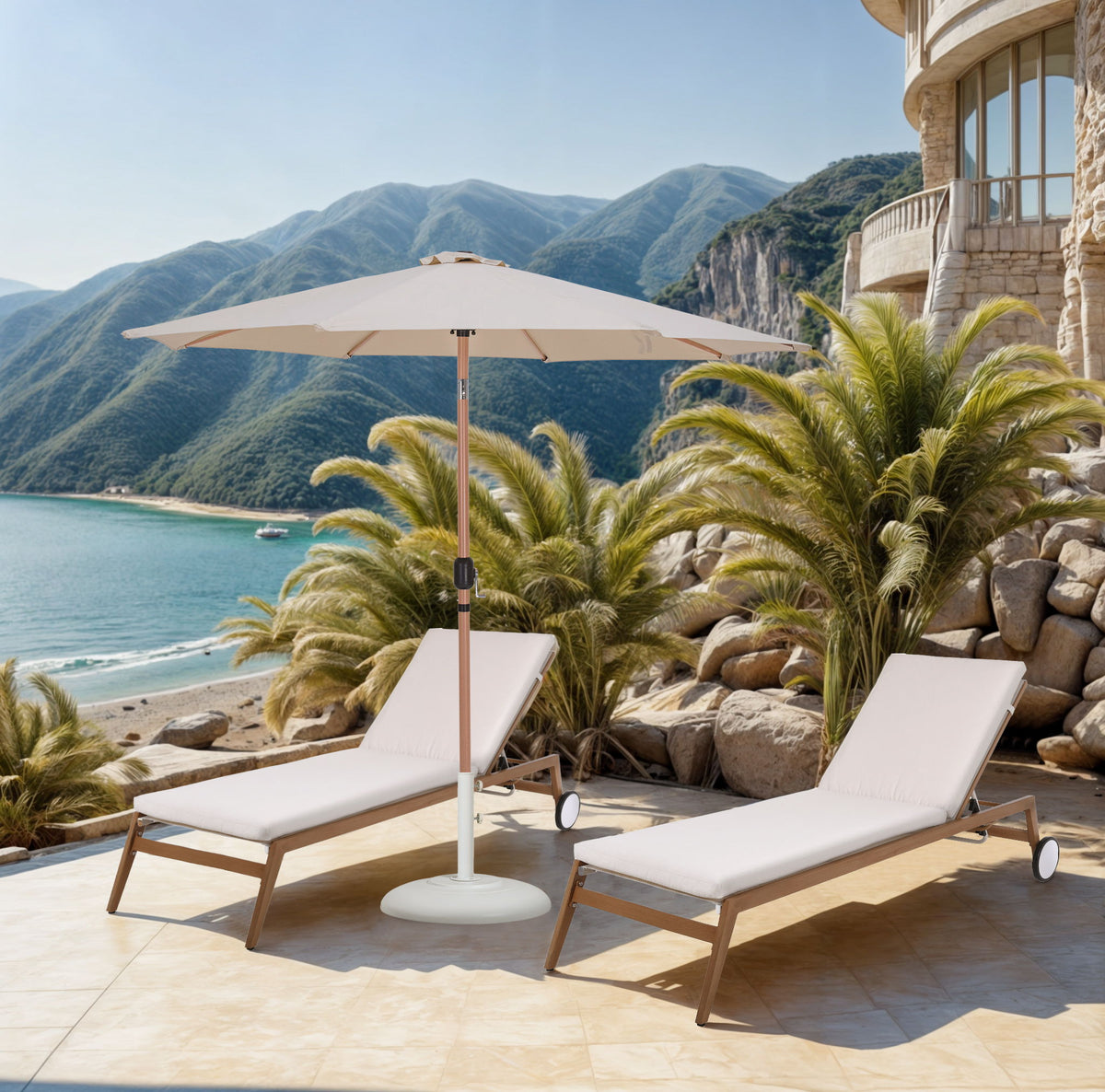 Fiji - Aluminum Patio Umbrella With Round White And Teak Base