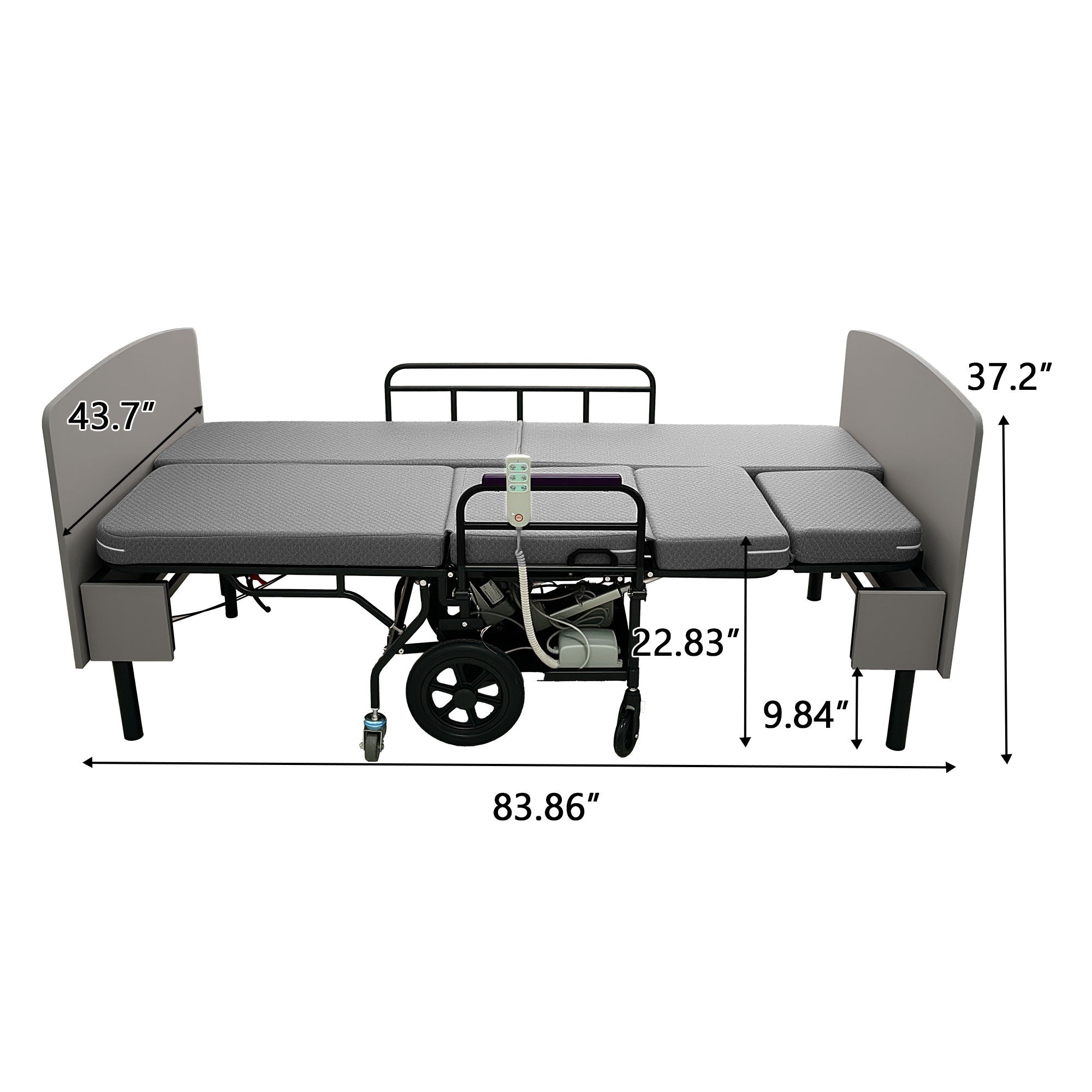 Dual Motor 3 In 1 Electric Nursing Bed Convertible To Wheelchair & Stretcher - Gray