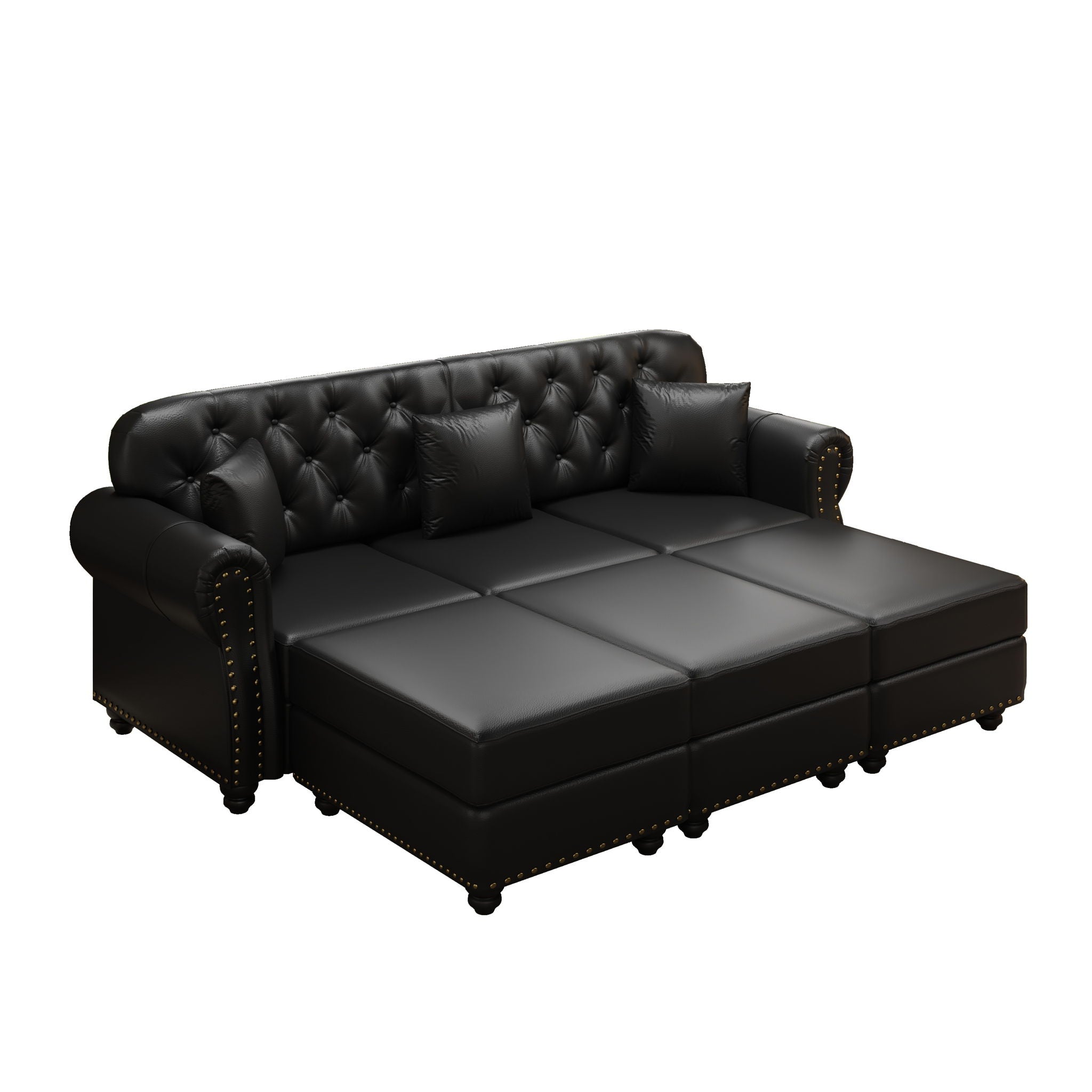 Upholstered Sofa With Nailhead Trim, Rolled Armrests With Ottoman