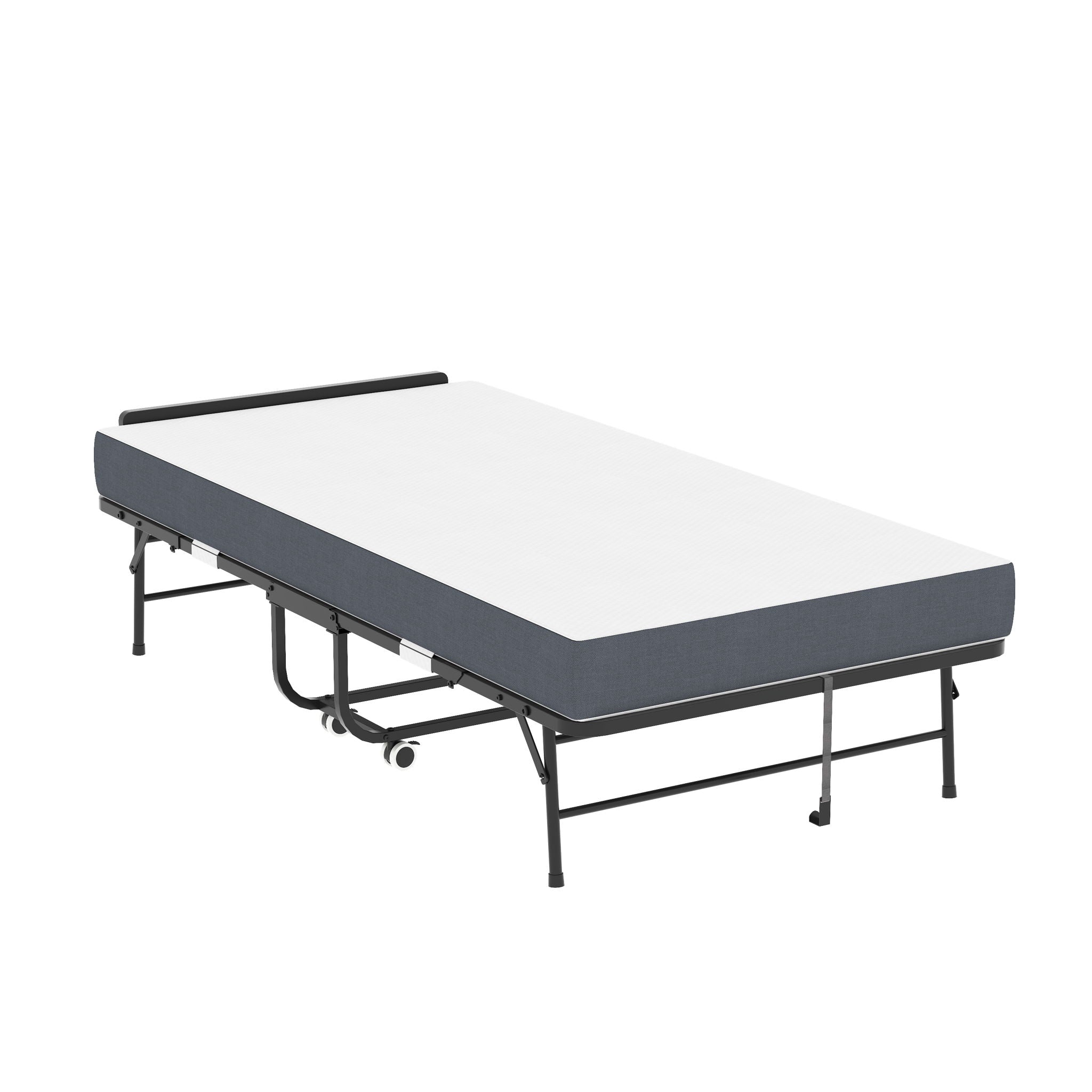 Twin Adjustable Headboard Folding Bed With Memory Foam Mattress, Heavy-Duty Frame Cot For Tall People, Portable Guest On Wheels - Black