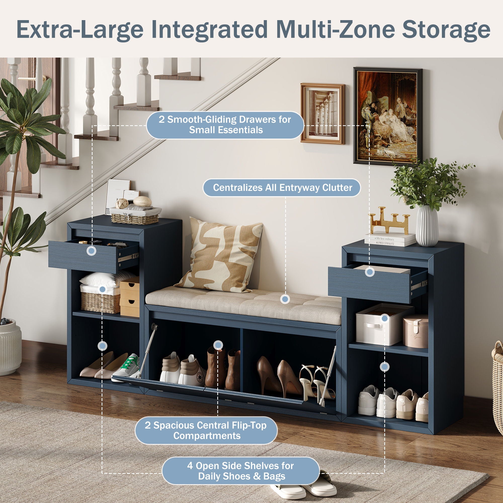 Entryway Storage Bench With Cushion, Drawers & Open Shelves