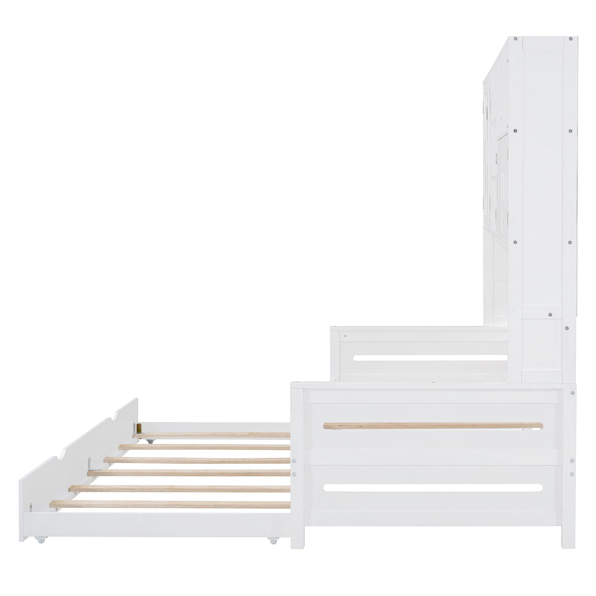 Twin Size Wooden Daybed With Twin Size Trundle, And All In One Cabinet And Shelf - White
