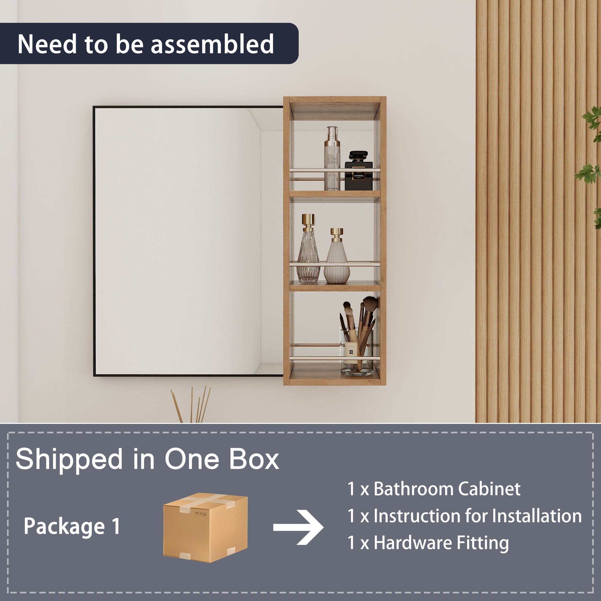 10" Wall Mounted Mirror Cabinet With Storage, Mirror - Imitative Oak
