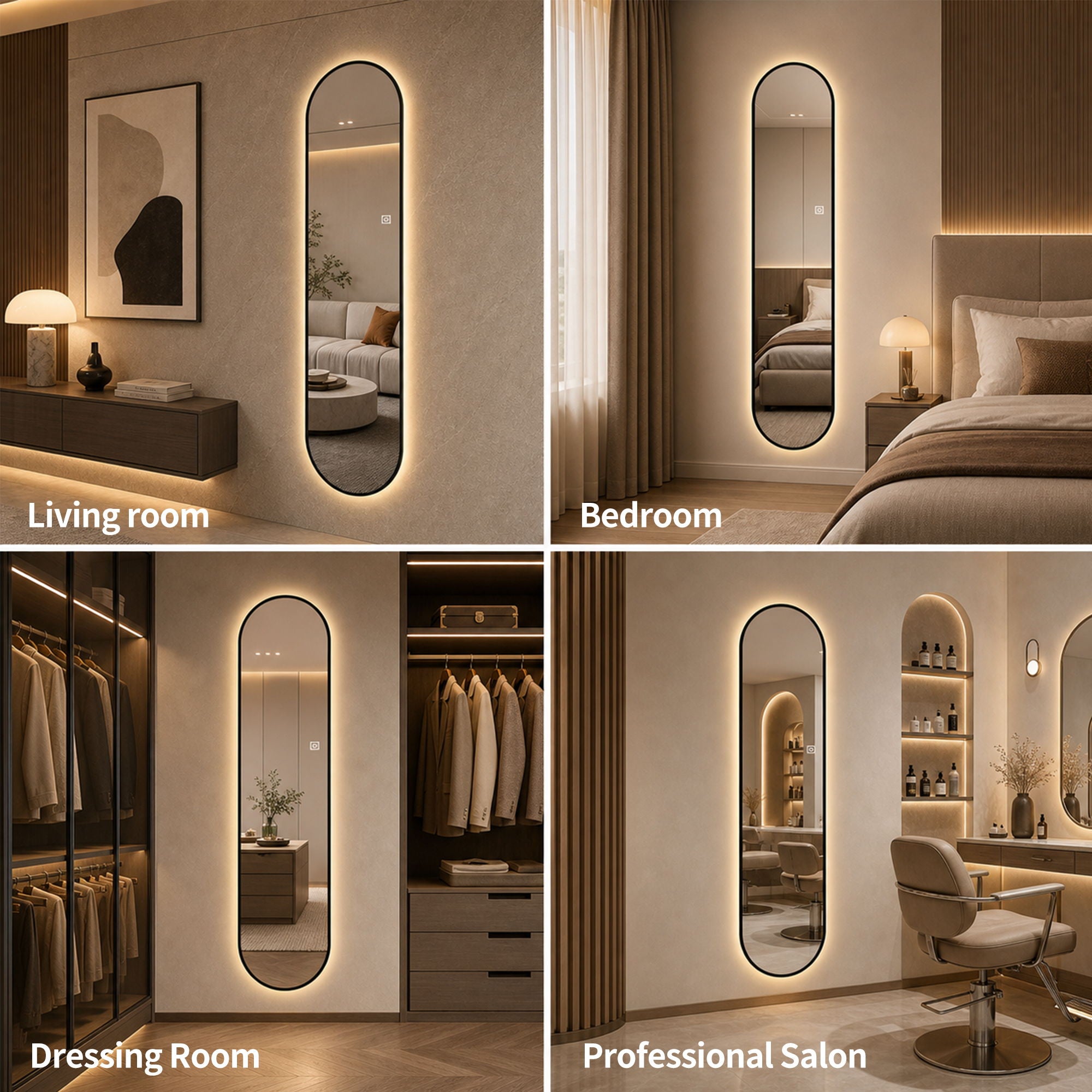 Capsule Shaped Dimmable LED Full Length Wall Mirror With Frame - Silver