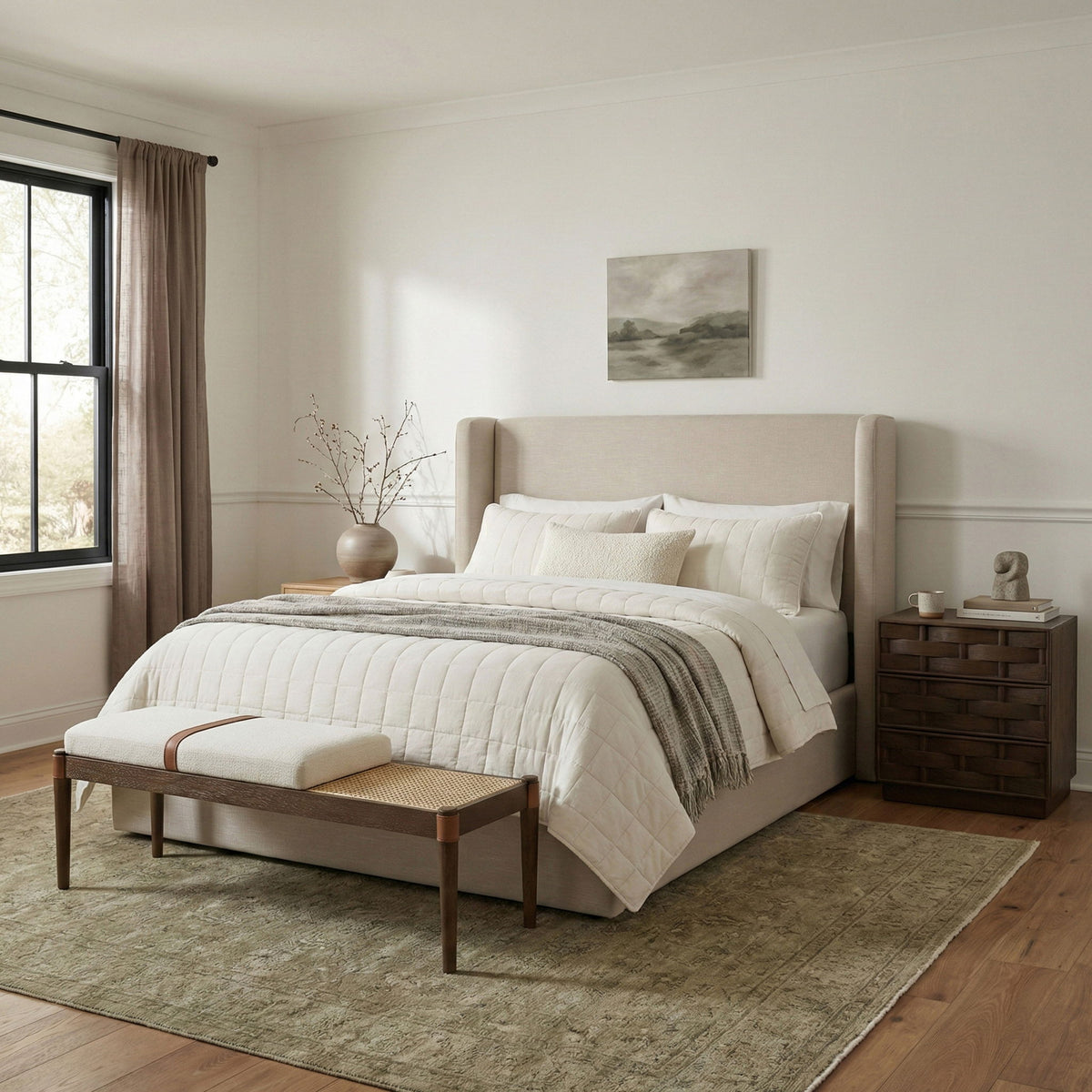 Nara - Linen Textured Fabric Upholstered Bench - Painted Brown Walnut