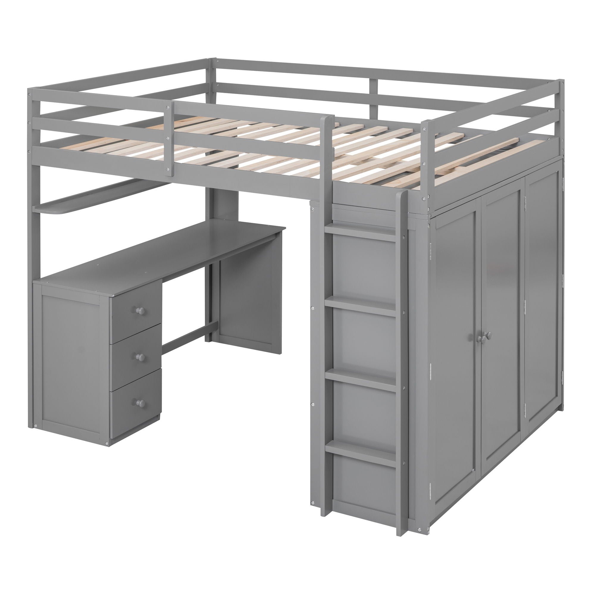 Full Size Loft Bed With Drawers, Desk, And Wardrobe - Gray