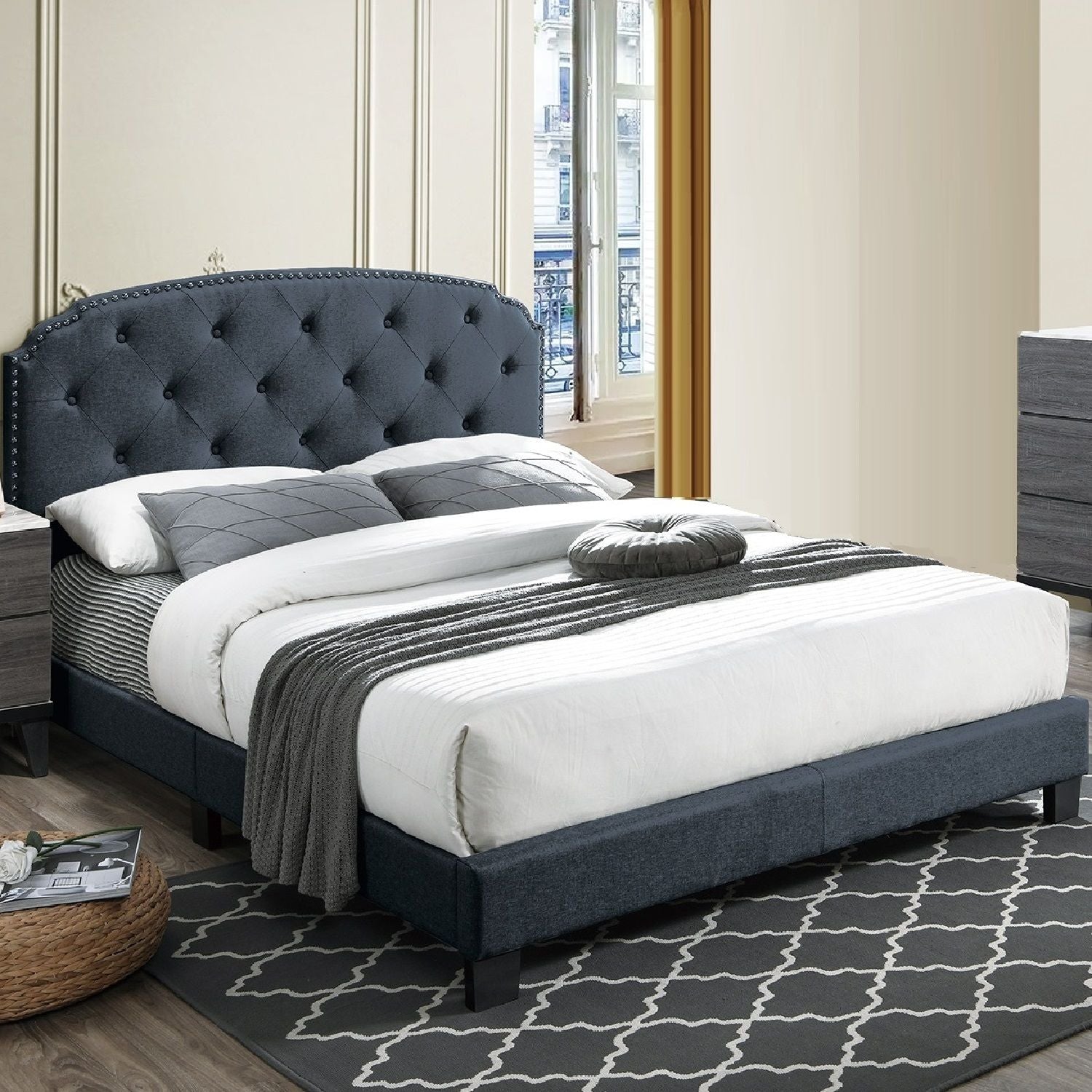 Button Tufted Bed With Nailhead Trim
