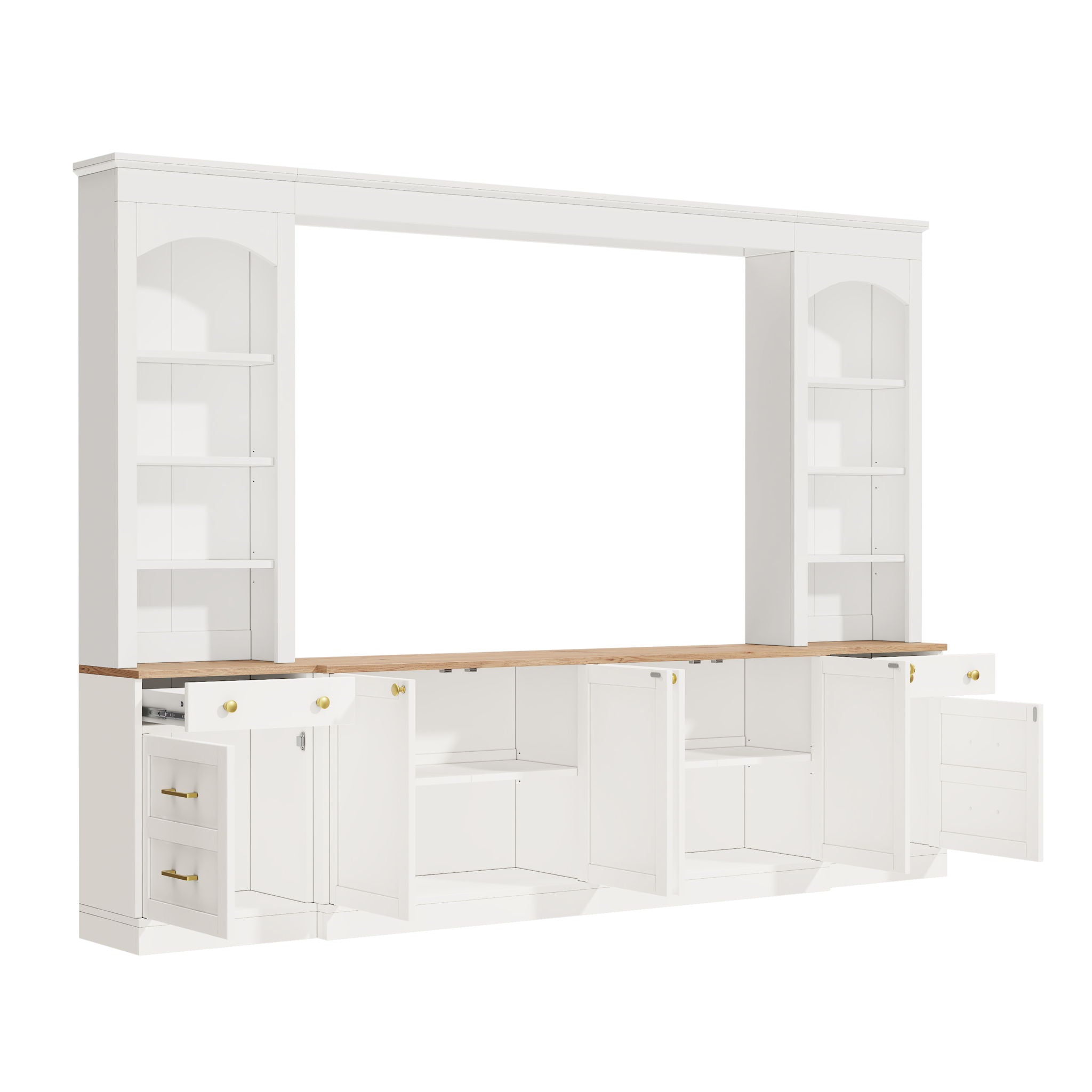Arched Entertainment Center Wall Unit With Bookshelf, Retro Large TV Stand