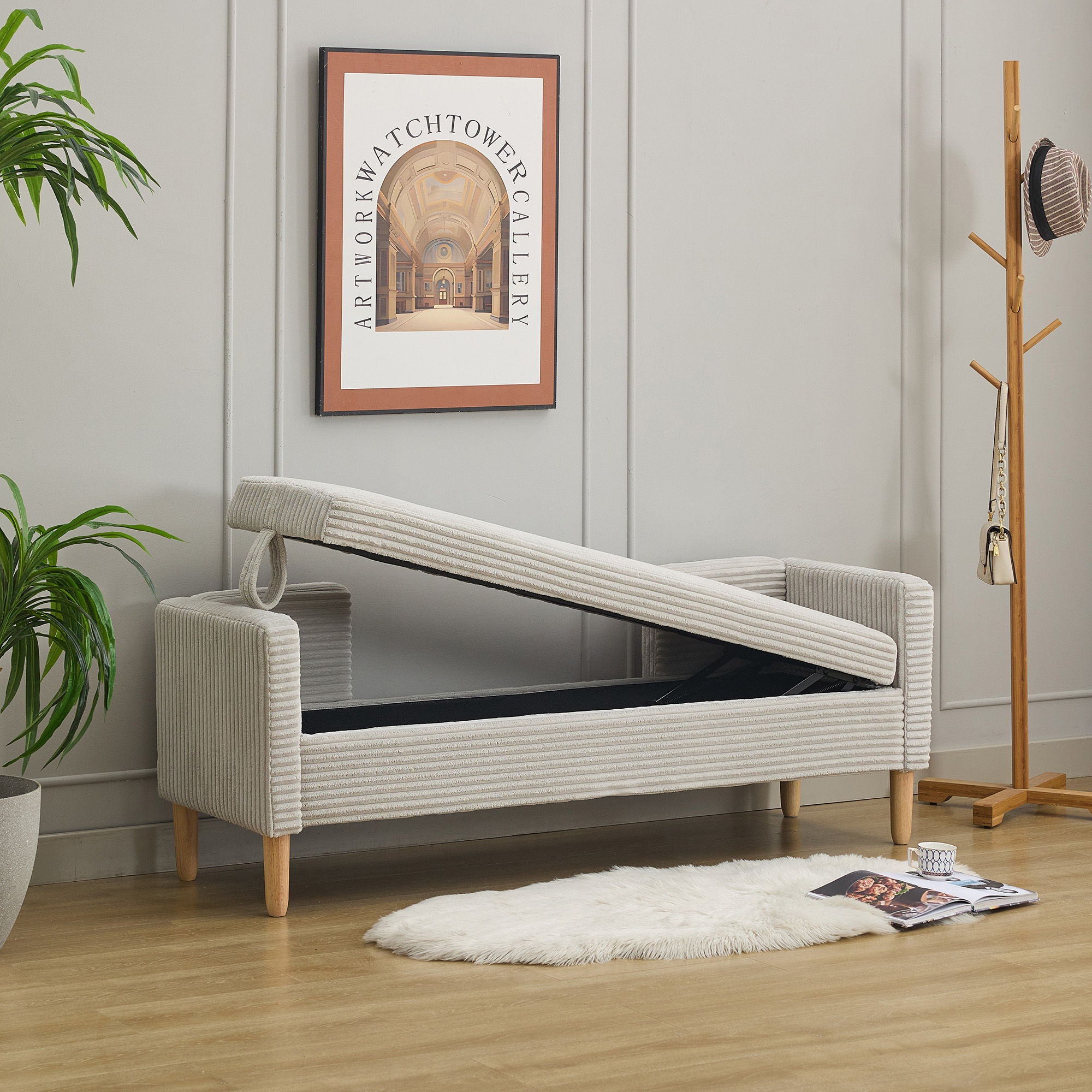 Upholstered Corduroy Flip Top Storage Bench For Living Room