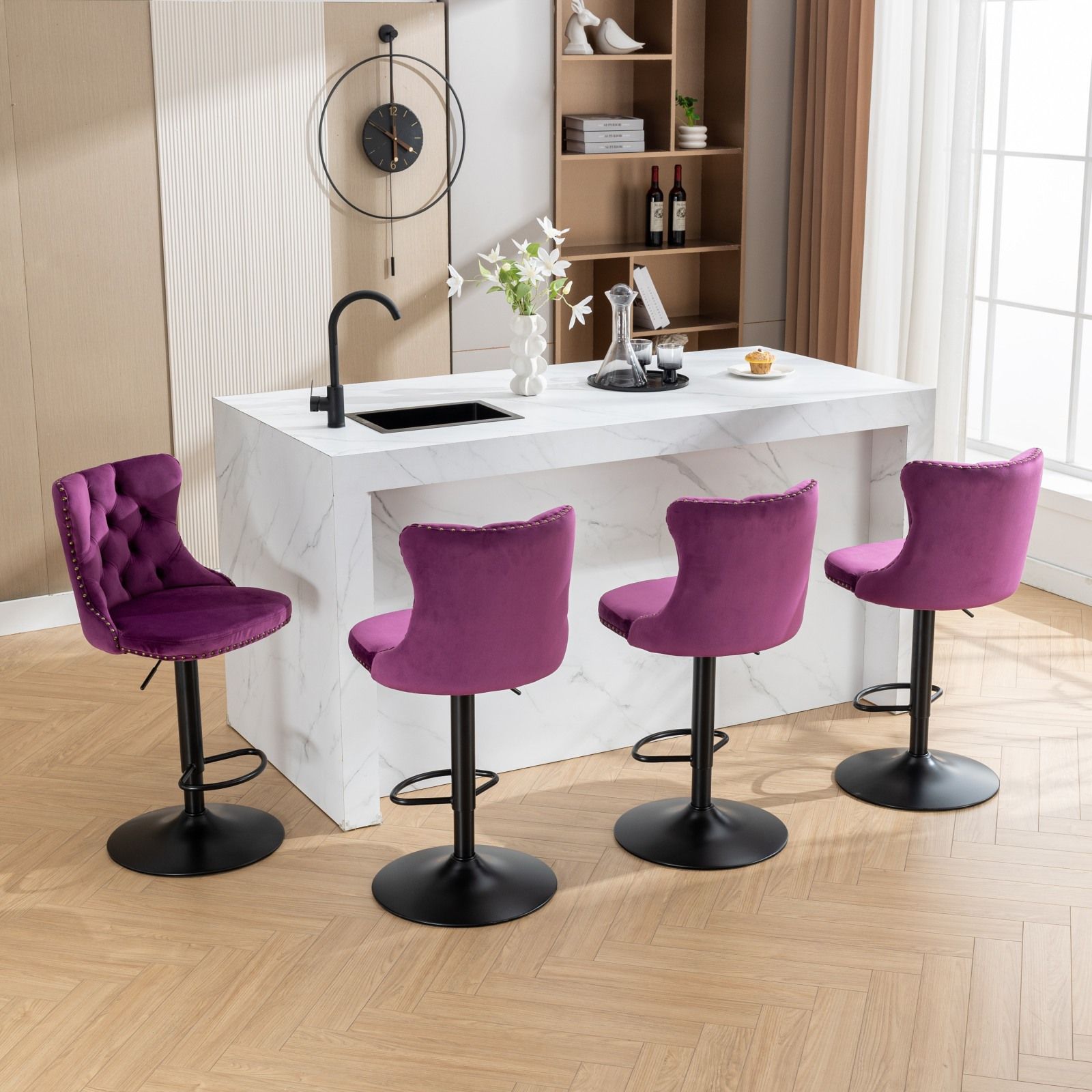 Swivel Barstools Adjusatble Seat Height, Modern Upholstered Bar Stools With Backs Comfortable Tufted For Home Pub And Kitchen Island (Set of 2)