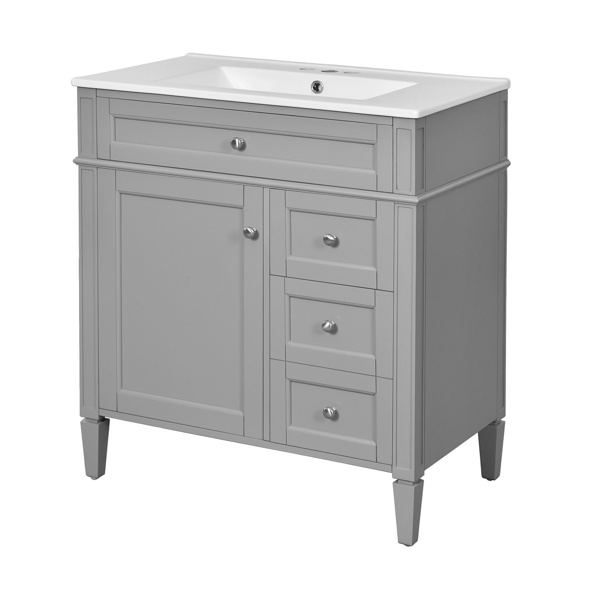 Bathroom Vanity With Top Sink, Freestanding Storage Cabinet With 2 Doors And 3 Drawers, Mirror Cabinet Included - Gray
