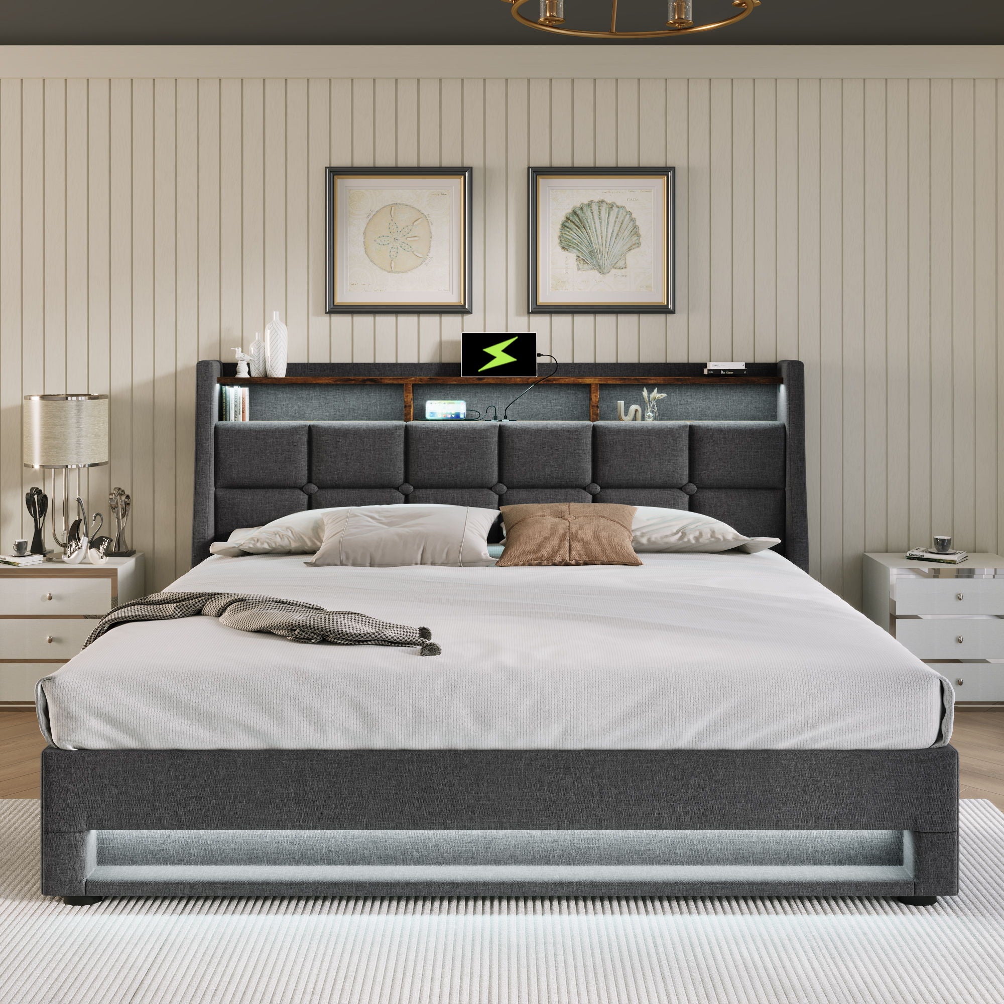 Platform Bed With Hydraulic Storage, LED Lighting & Charging Station