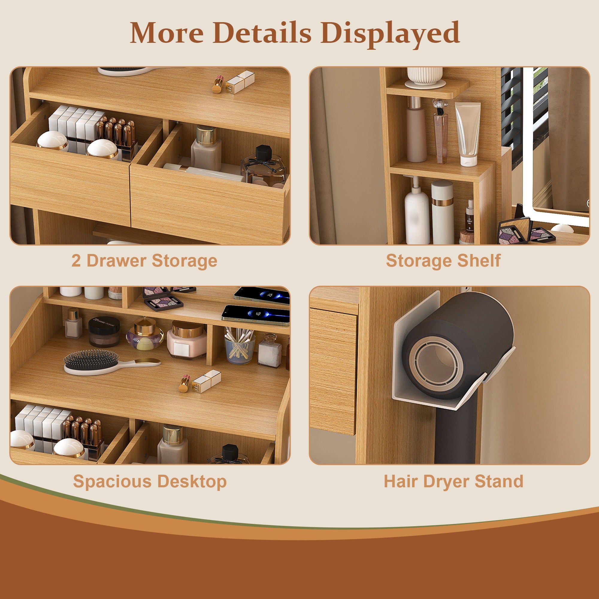 Vanity Table With LED Mirror, Power Outlet, Hairdryer Holder & Padded Stool, Compact Dressing Desk For Small Bedrooms - Wood