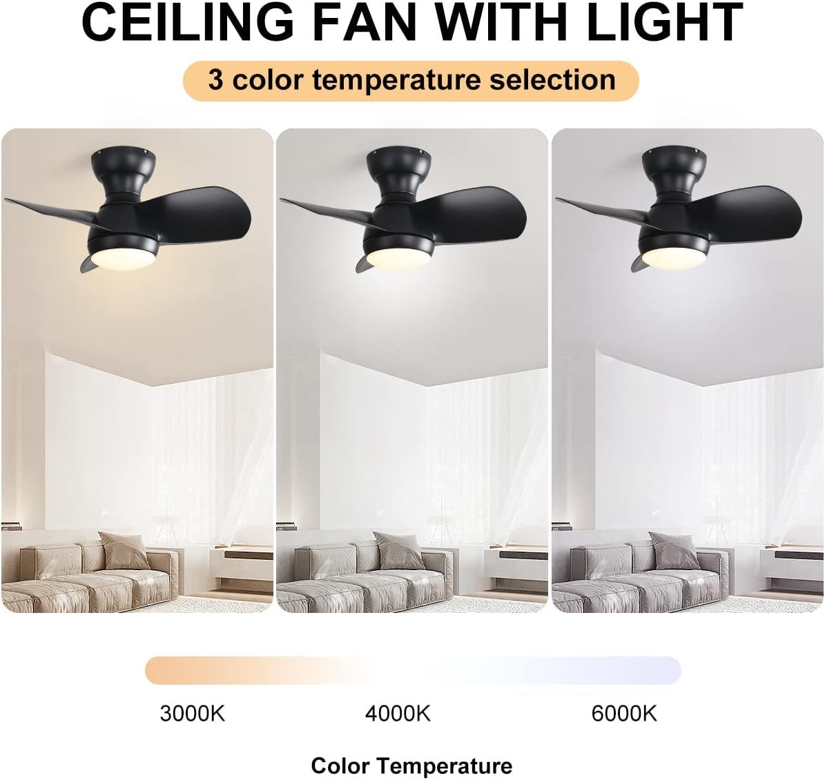 23" Bedroom Ceiling Fan With 3 Color Dimmable 3 ABS Blades Remote Control Dc Motor With 18W Led Light