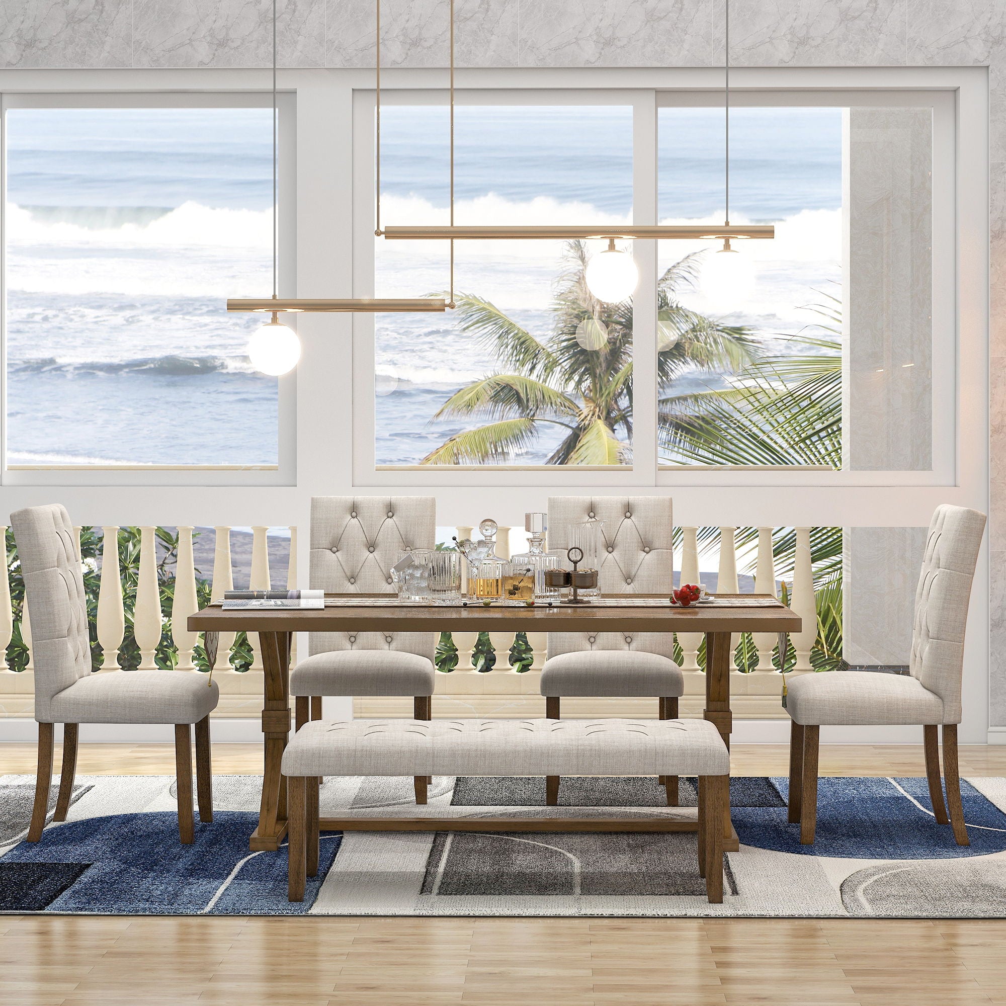 6 Piece Dining Table Set With Rectangular Wood Table, 4 Upholstered Chairs, Bench