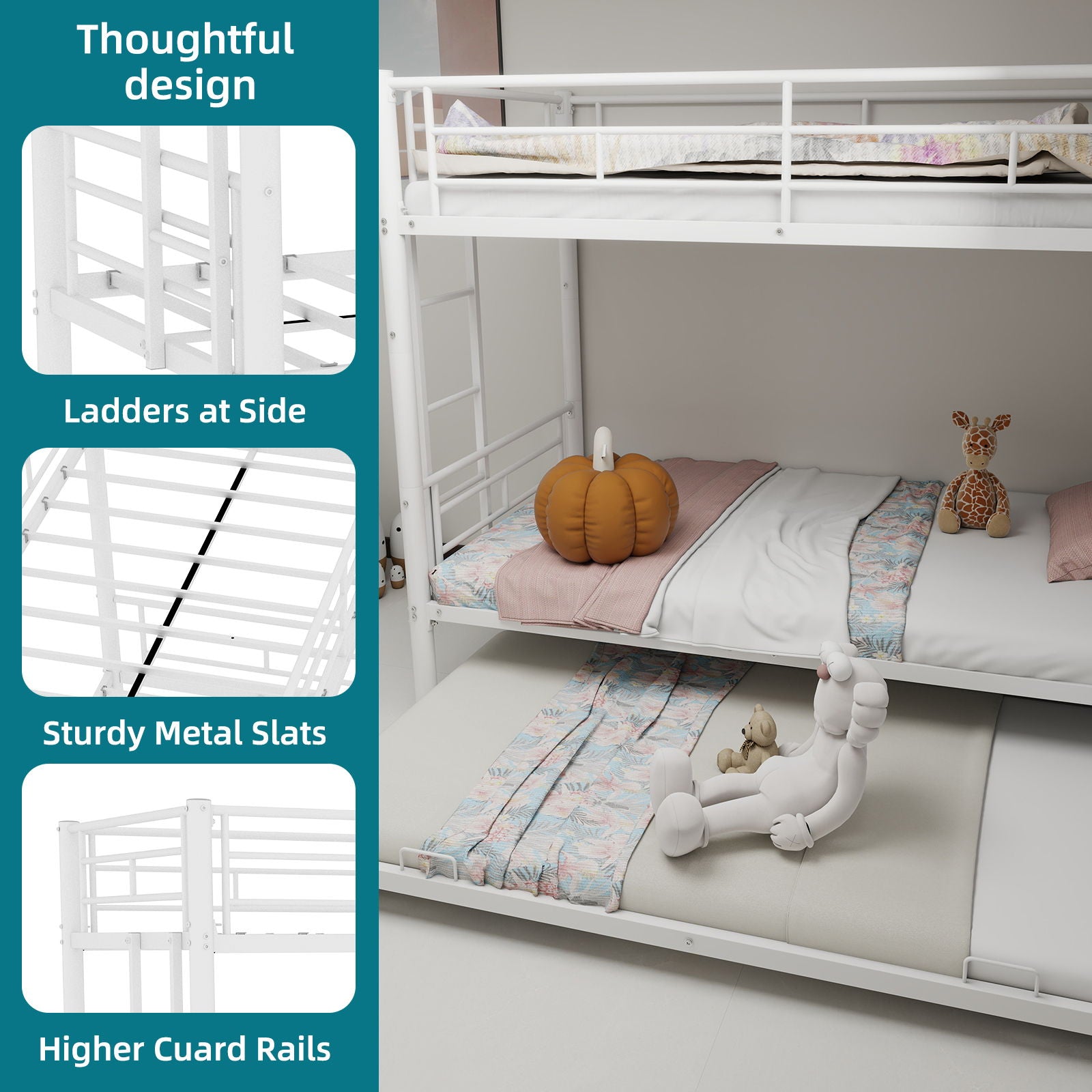 Bunk Bed For Kids, Convertible Frame With Ladders & Guardrail