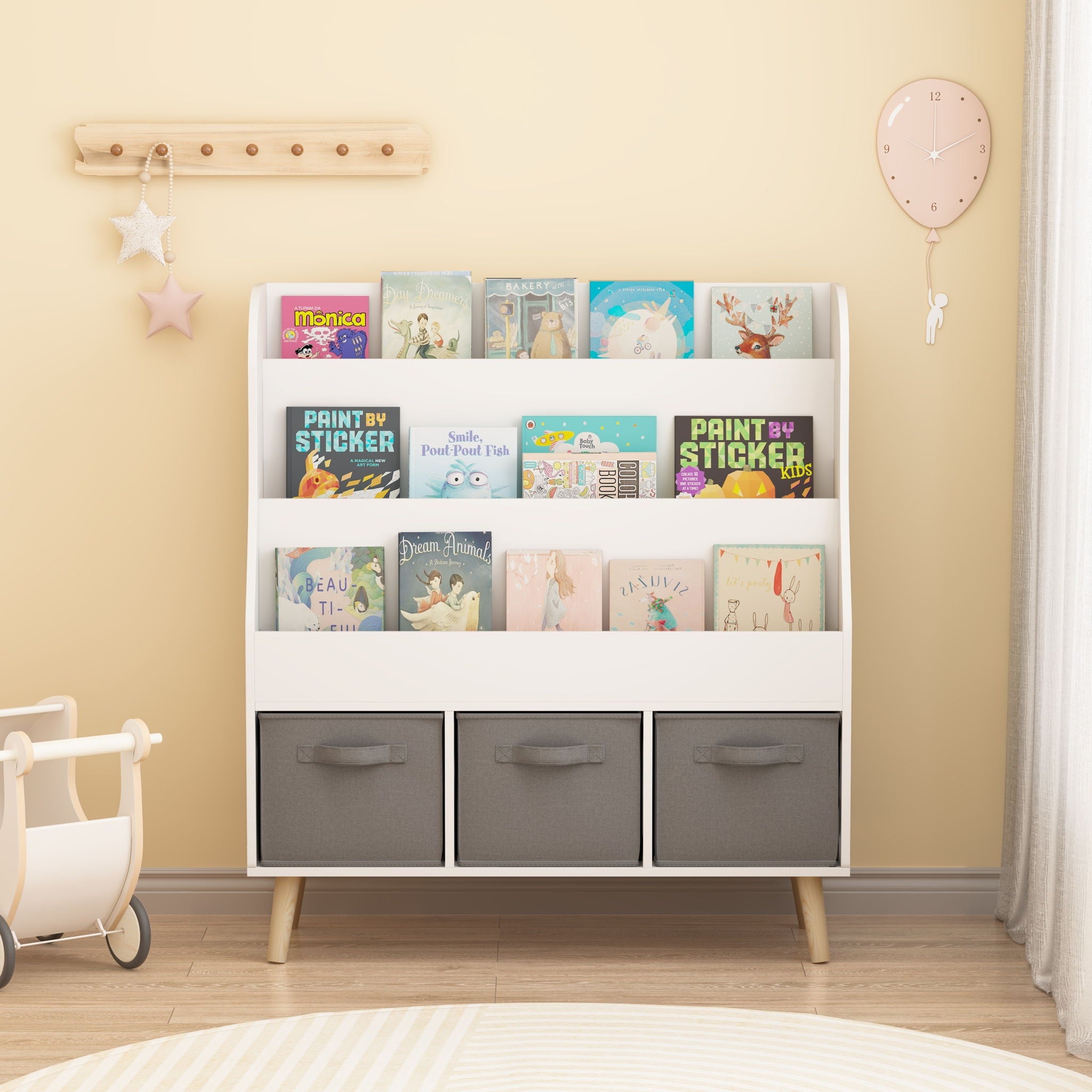 Bookshelf With 3 Bins, Storage Shelf For Toys And Books