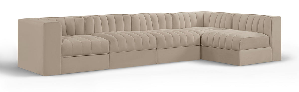 Rummi - Velvet Performance Fabric Upholstered 5 Piece Modular Sectional, L-Shaped (Right)