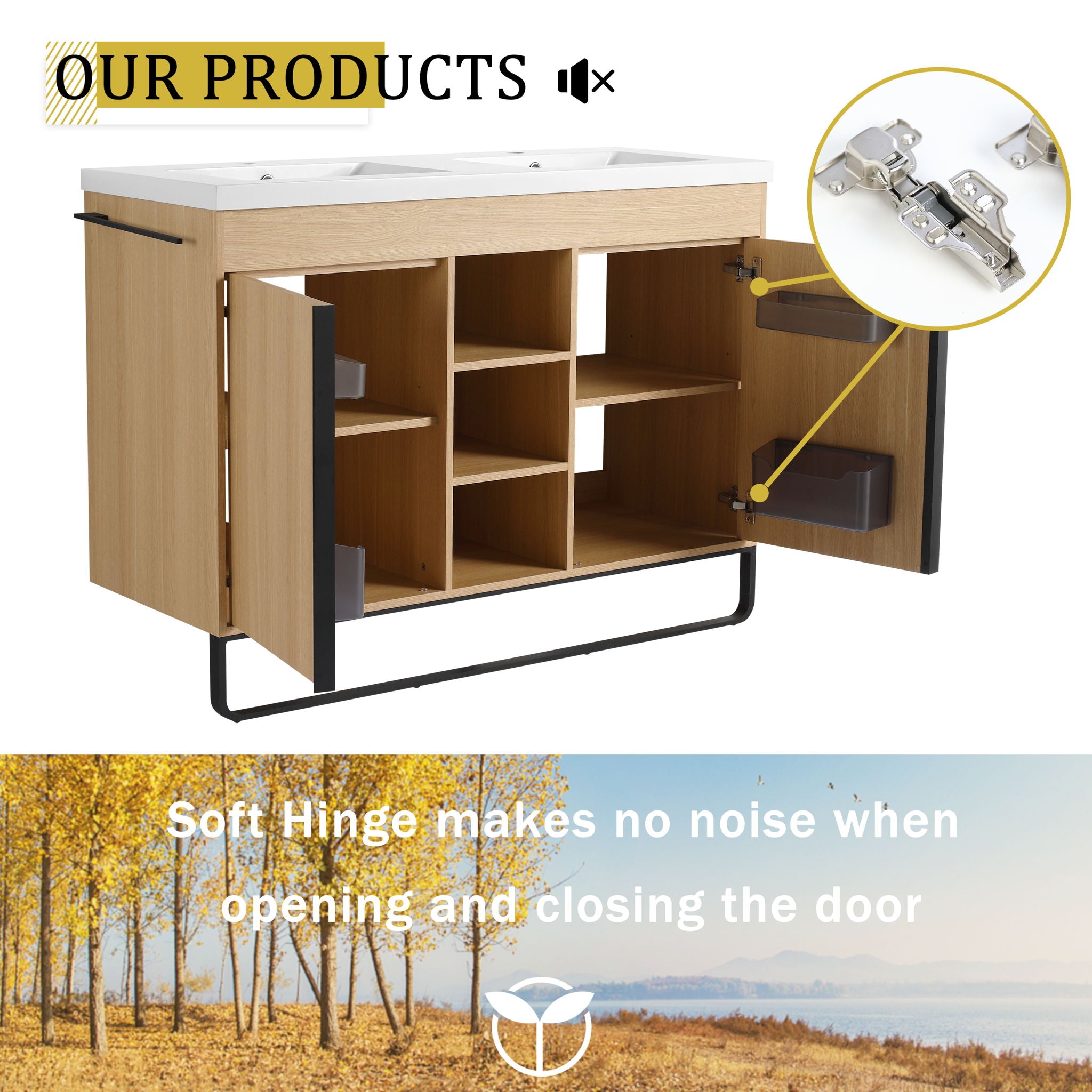 48" Freestanding Bathroom Vanity With Double Sink, 2 Soft Close Doors & 3 Open Shelves - Oak