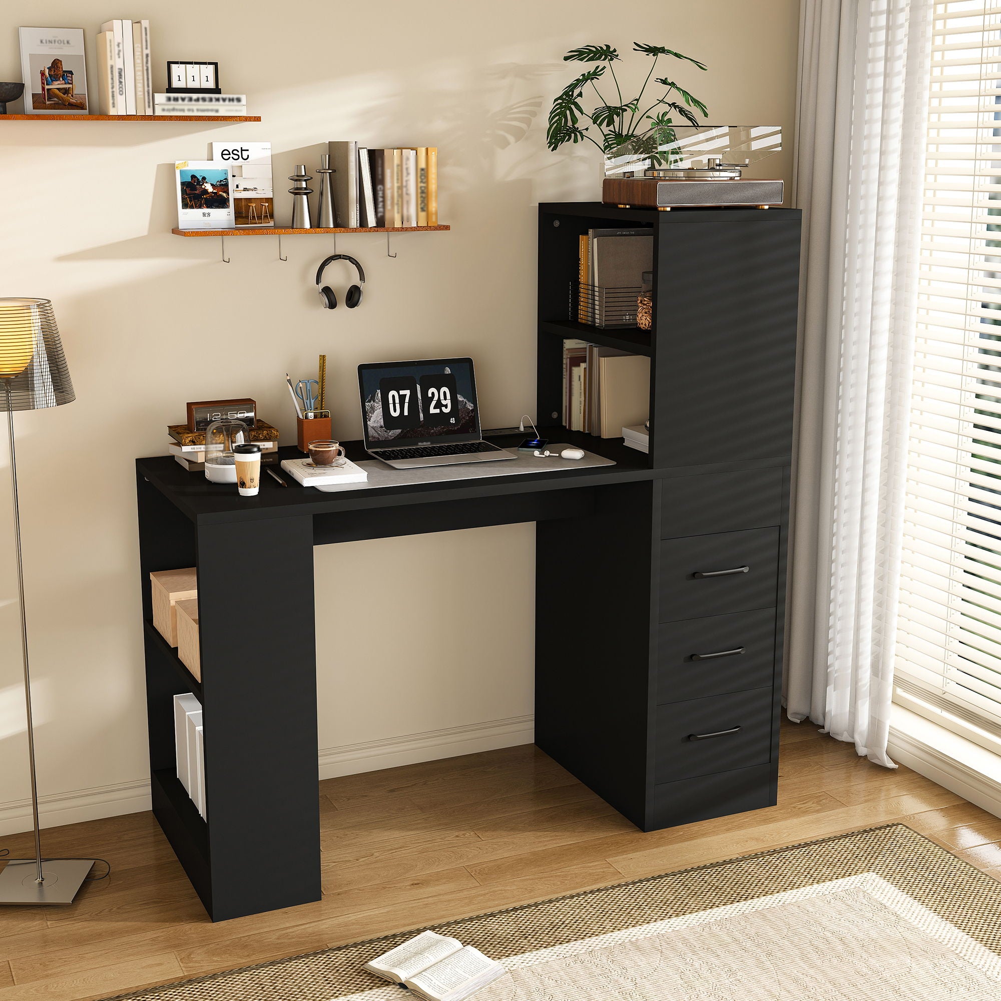 Computer Desk With 4 In 1 Socket & 3 Drawers, 4 Tier Shelves