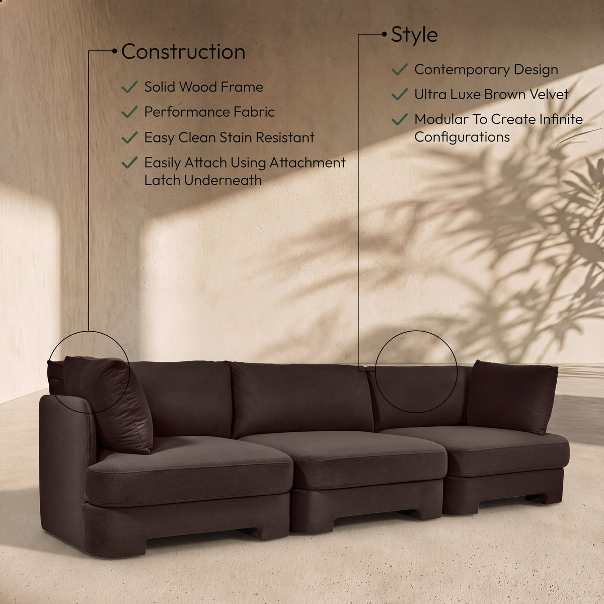 Hammond - Velvet Performance Fabric Upholstered 3 Piece Sofa