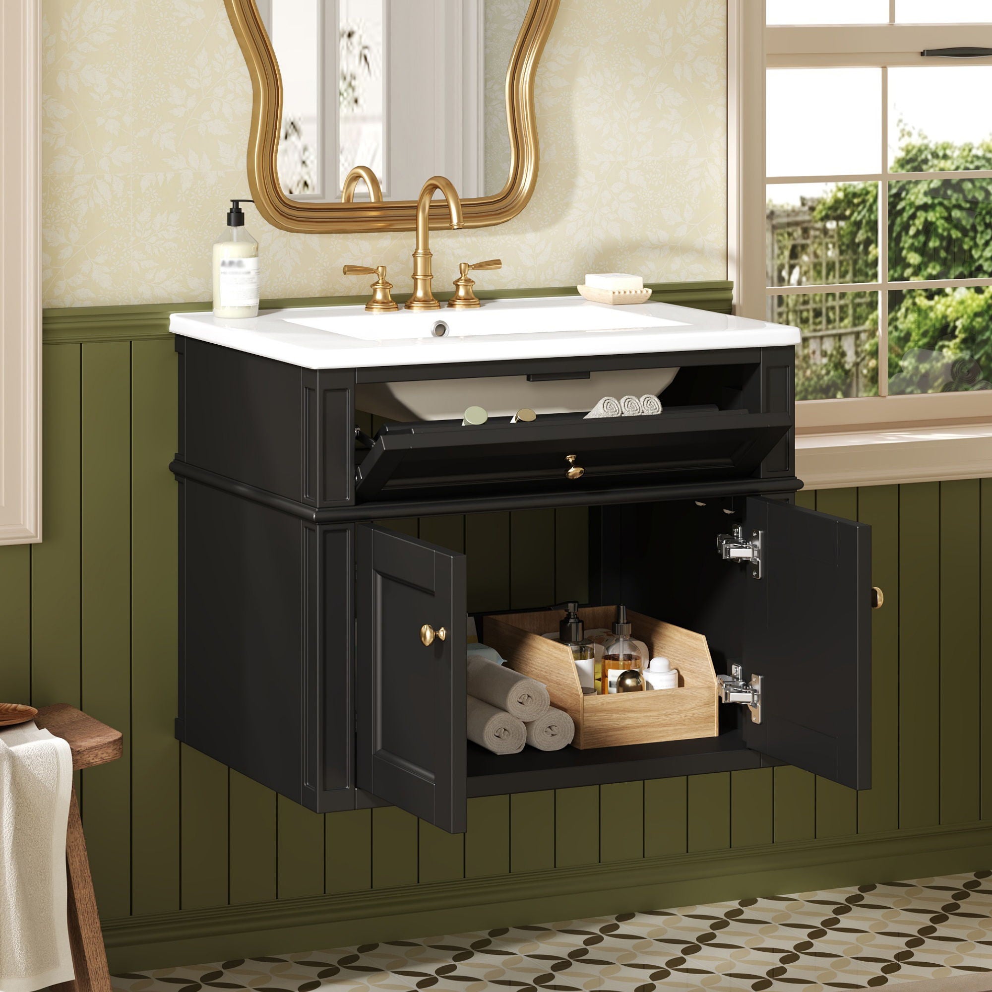 Wall Mounted Bathroom Vanity With Tip Out Drawer And Open Back Design
