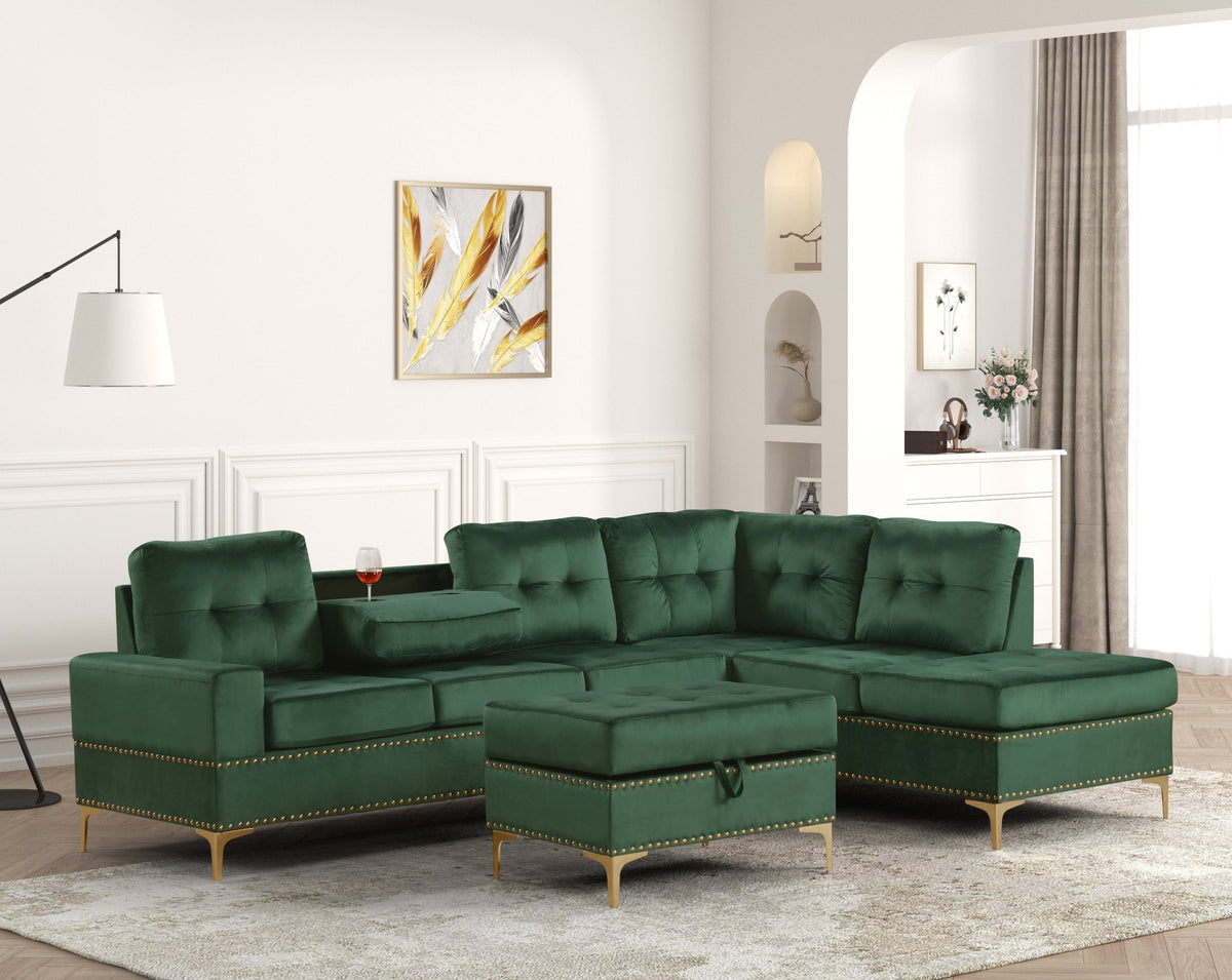 Anserra Green Reversible Sectional with Ottoman