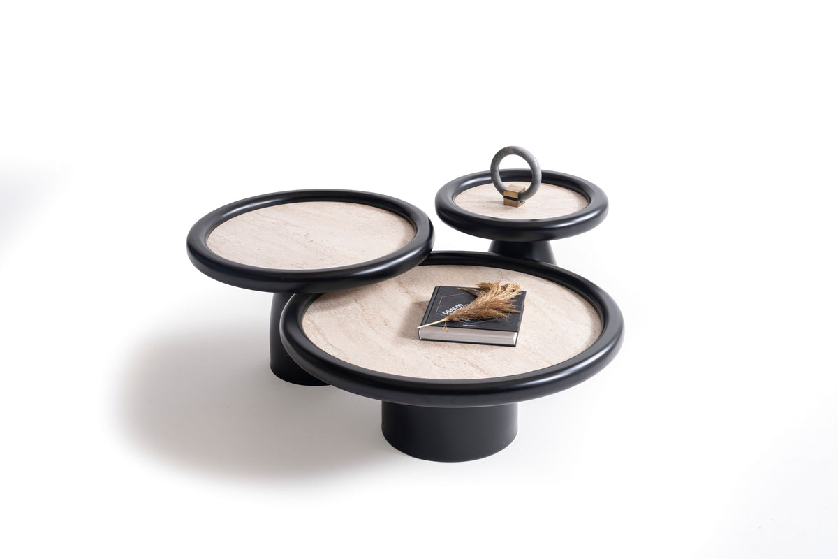 Bari Black Travertine 3-Piece Coffee Table Set