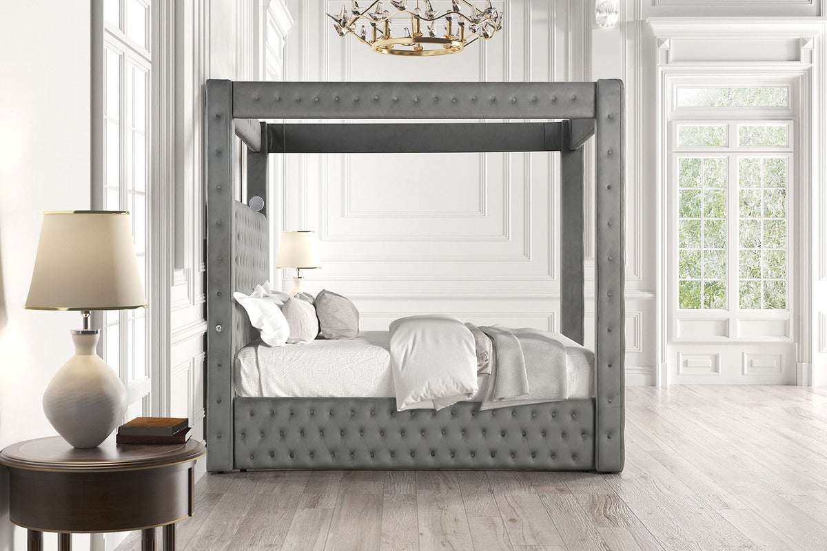 Etherea Gray Queen Upholstered Platform Poster Bed