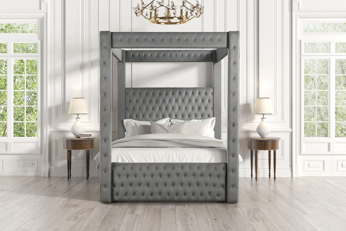 Etherea Gray Queen Upholstered Platform Poster Bed