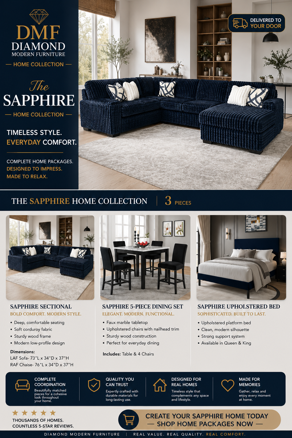 Diamond Sapphire Package Sectional 5PCS Dining set Bed frame FREE Mattress FREE TV