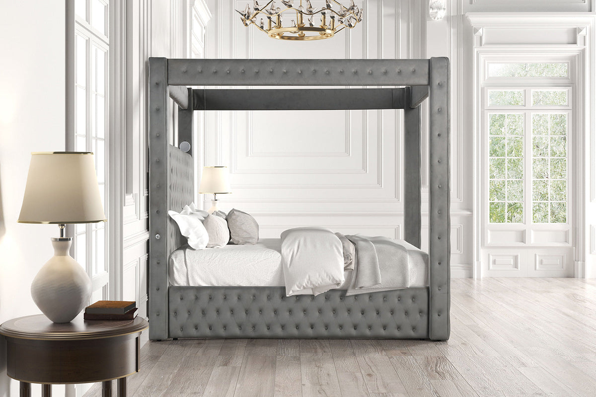 Etherea Gray Queen Upholstered Platform Poster Bed