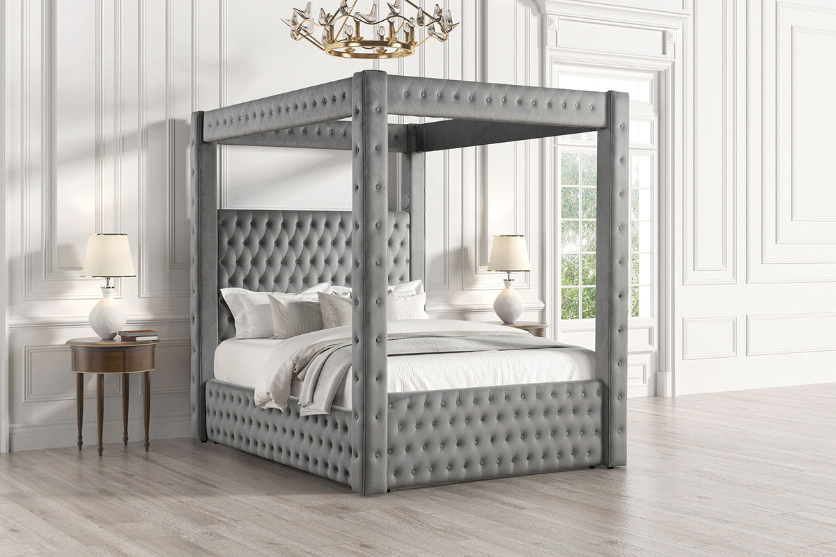 Etherea Gray Queen Upholstered Platform Poster Bed