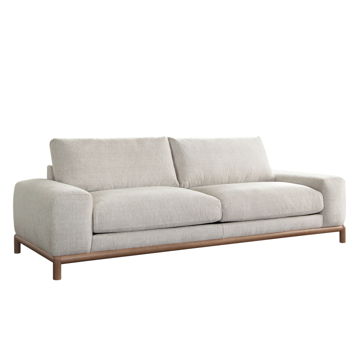 Fallon Sofa in Light Barley Polyester Fabric with Wood Trim & Leg