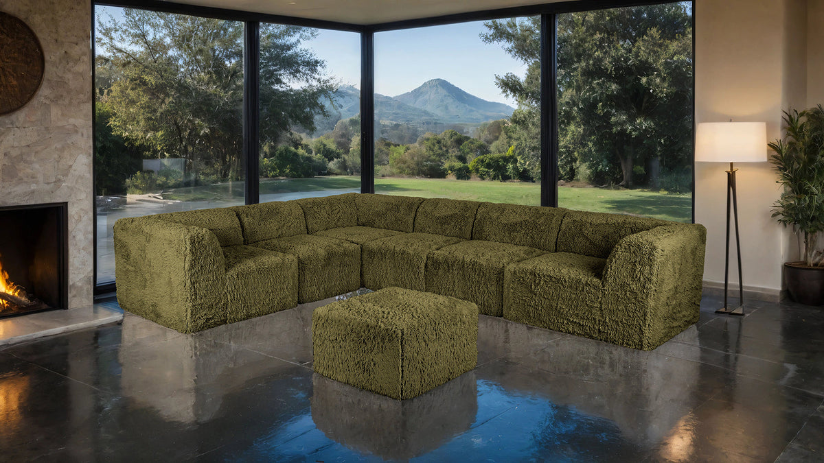 Nappi Olive Green Compressed Foam 7-Piece Sectional with Ottoman