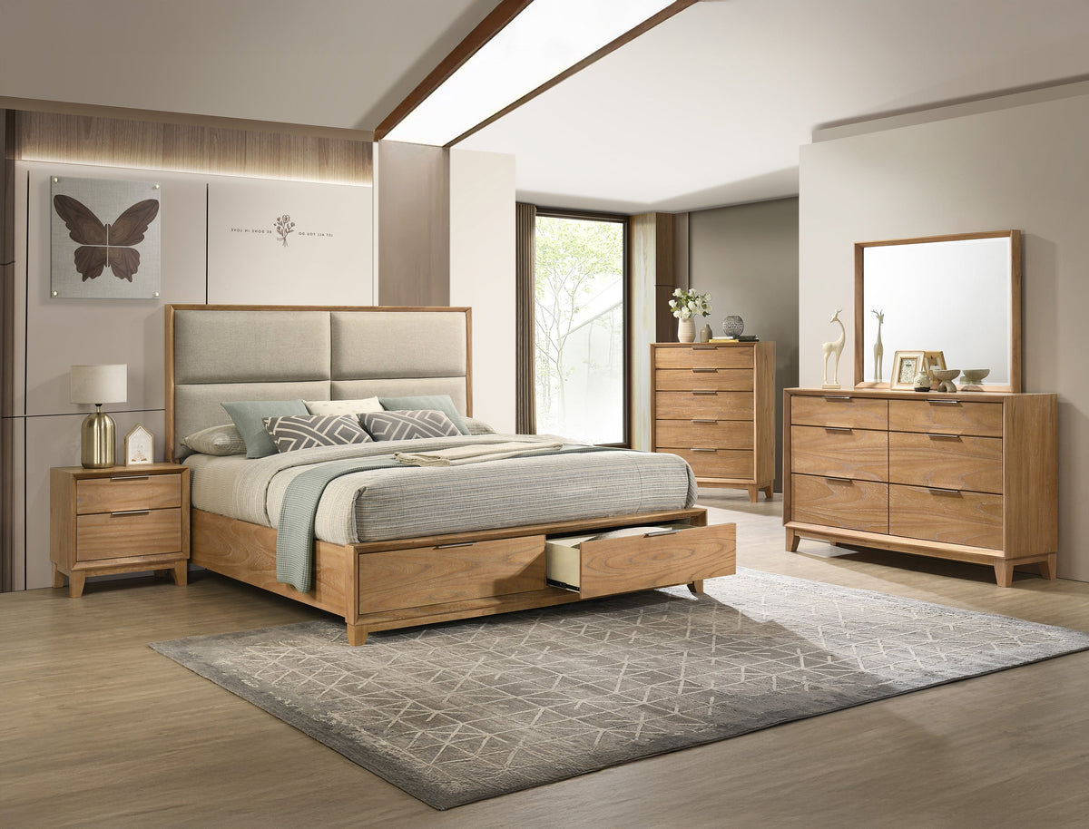 Florian Natural Wood Upholstered Queen Storage Platform Bed