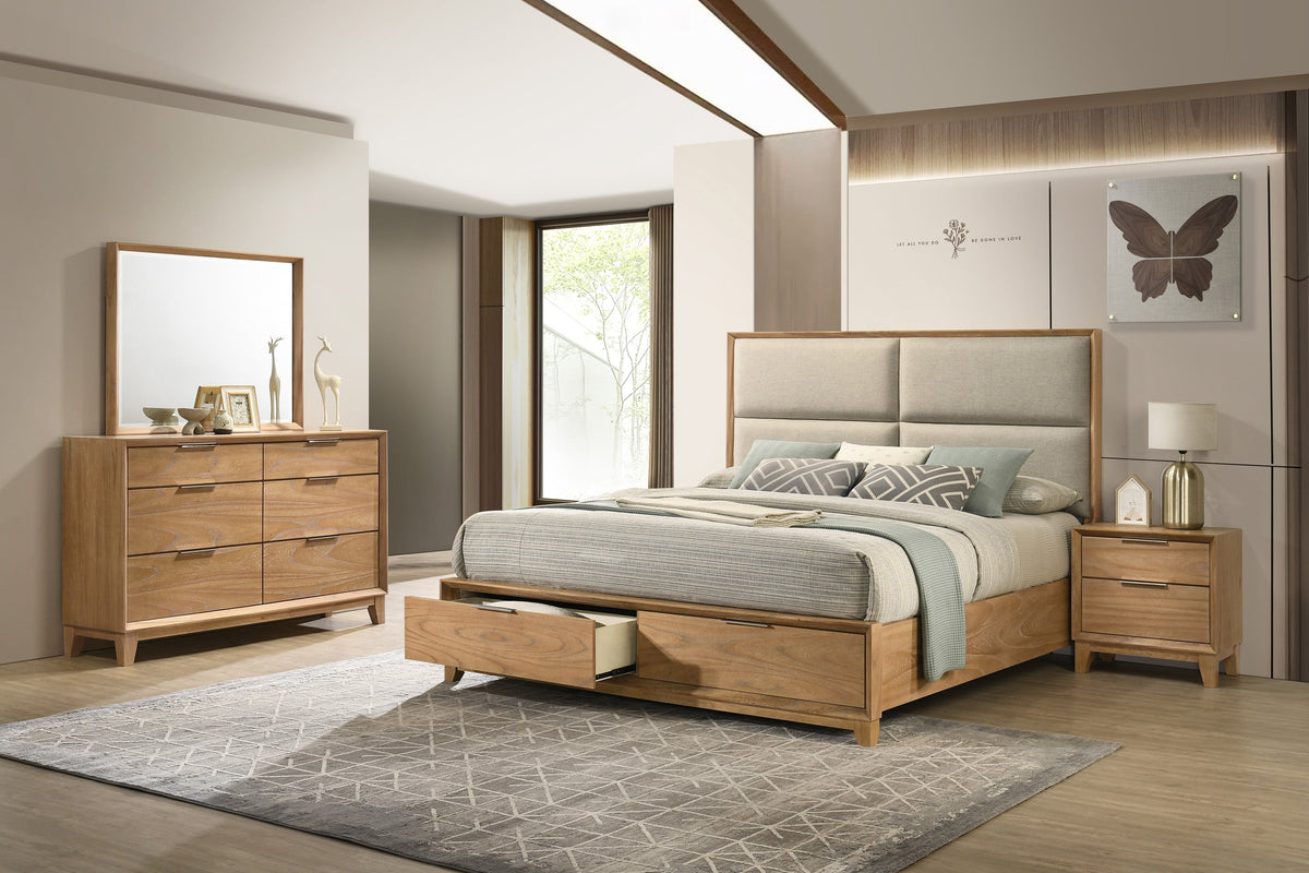 Florian Natural Wood Upholstered Queen Storage Platform Bed