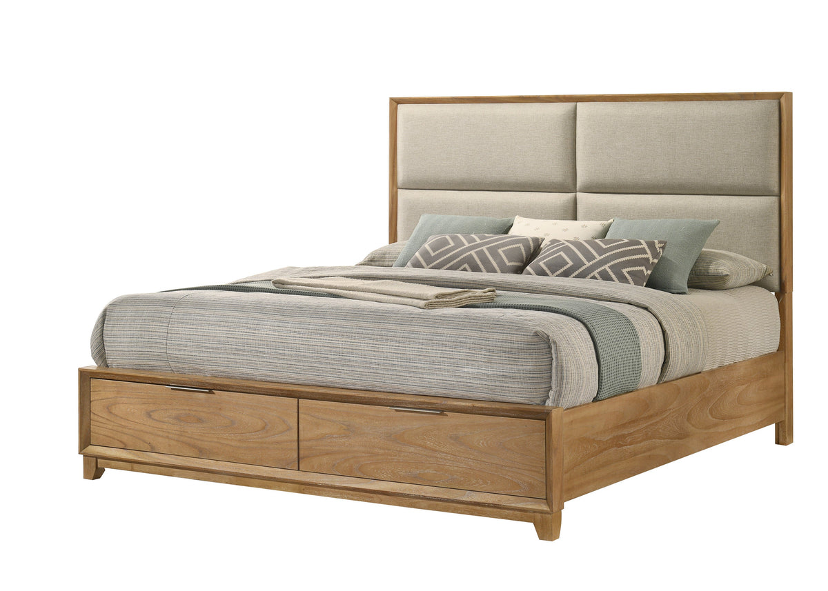 Florian Natural Wood Upholstered Queen Storage Platform Bed