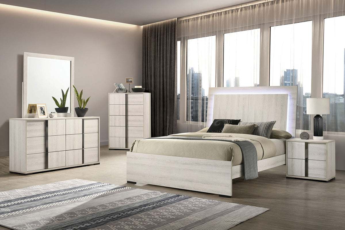 Horten Whitewash LED Queen Panel Bed