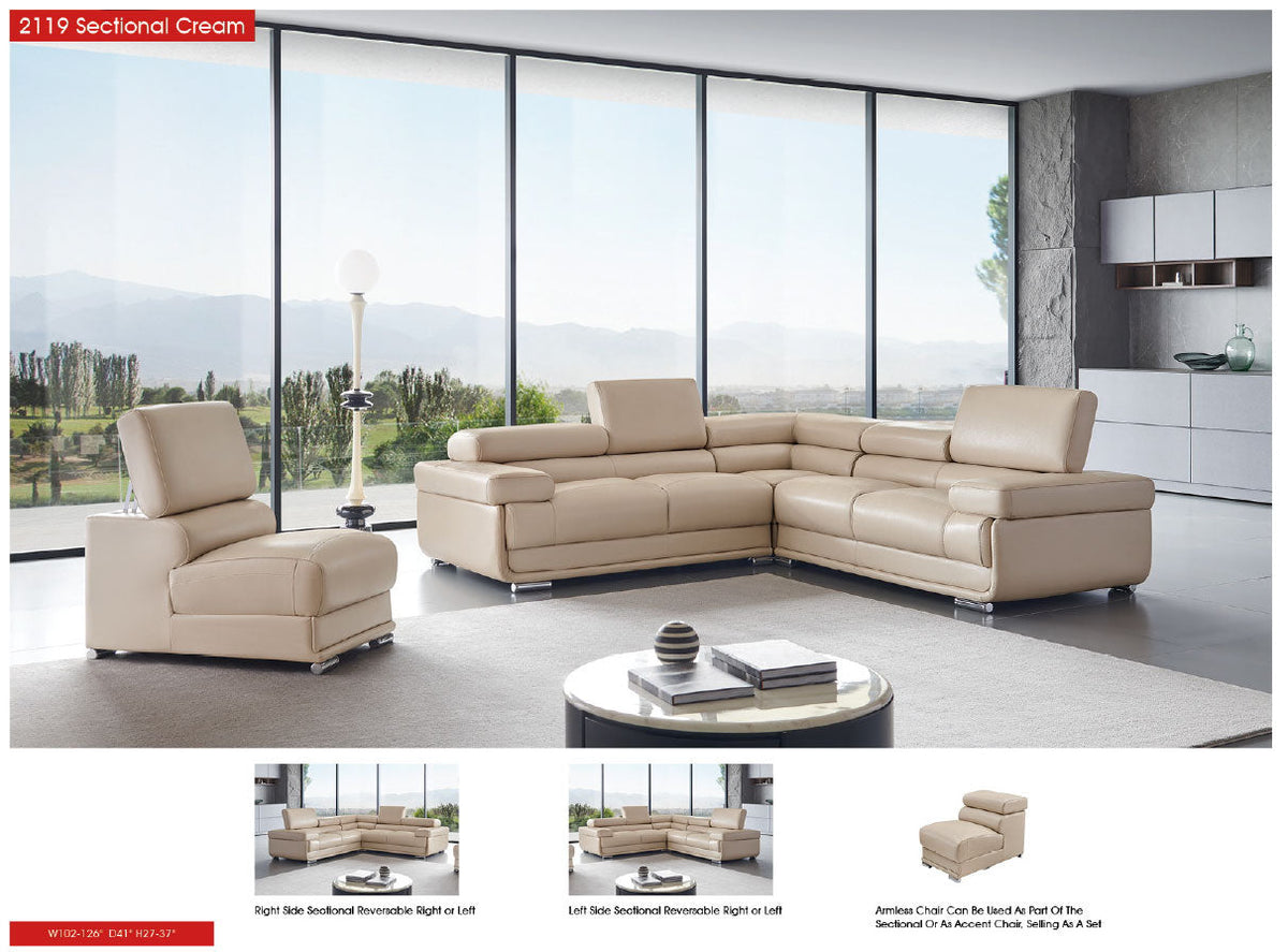 2119 Light Beige 4-Piece Top-Grain Leather Sectional