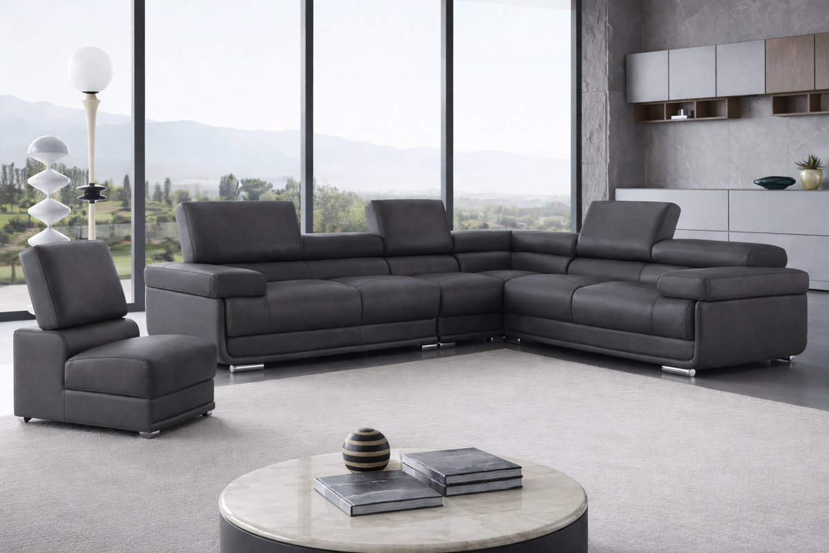 2119 Dark Grey 4-Piece Top-Grain Leather Sectional