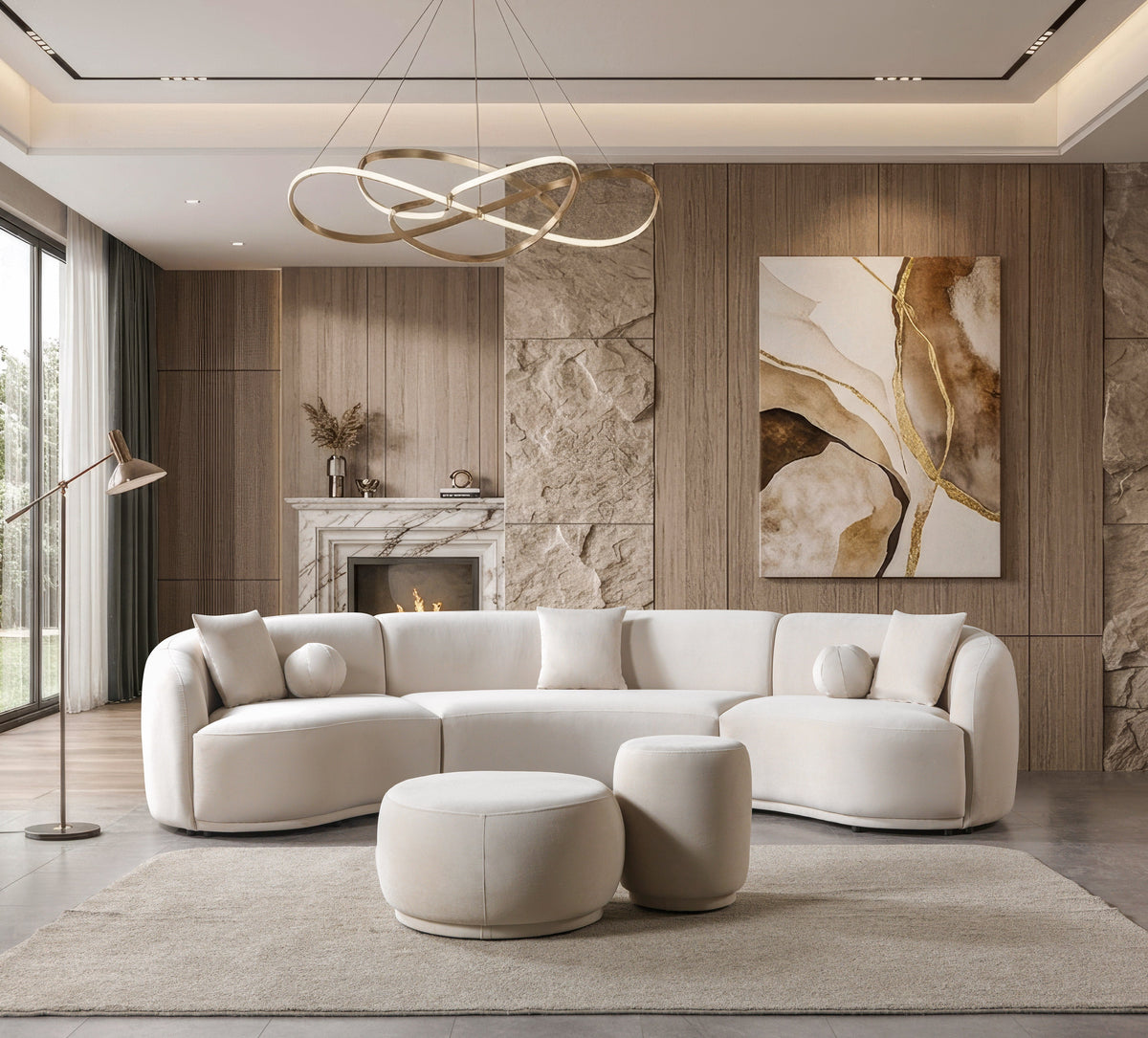 Bonita Ivory Velvet 3-Piece Curved Sectional