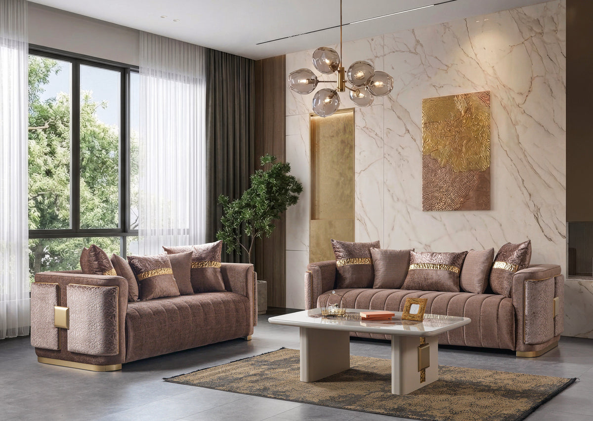 Carlina Coffee/Gold Velvet Sofa & Loveseat