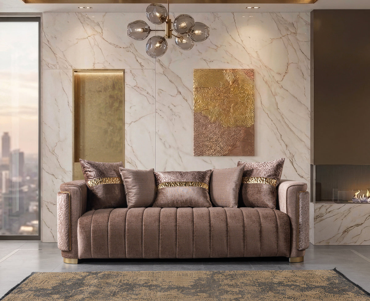 Carlina Coffee/Gold Velvet Sofa & Loveseat