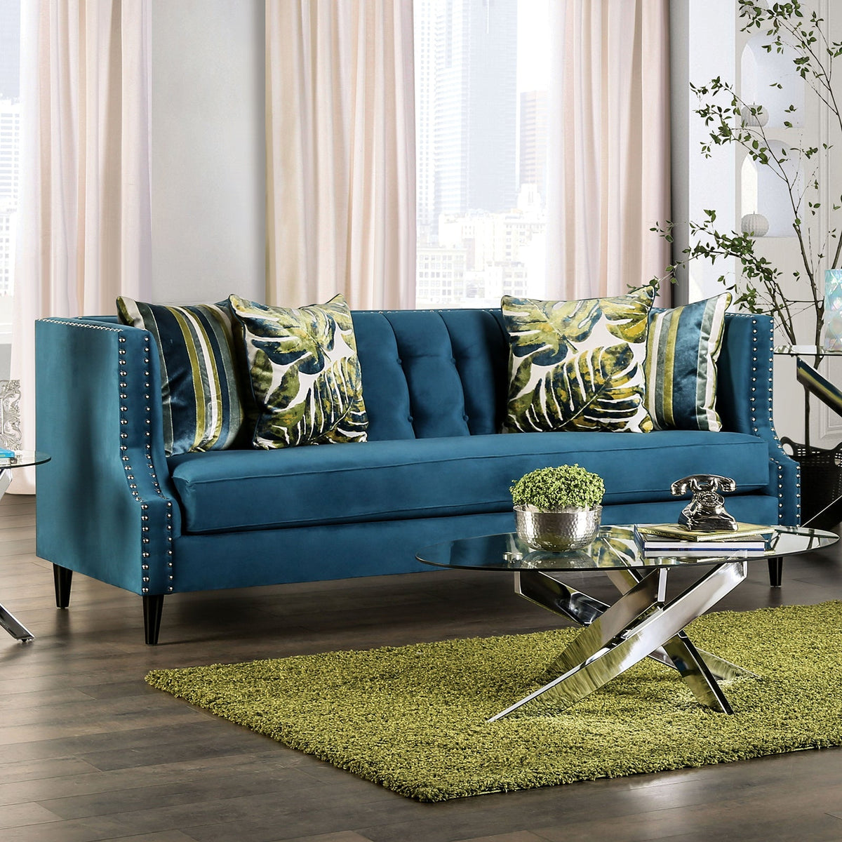 Azuletti Dark Teal/Apple Green Transitional Living Room Set