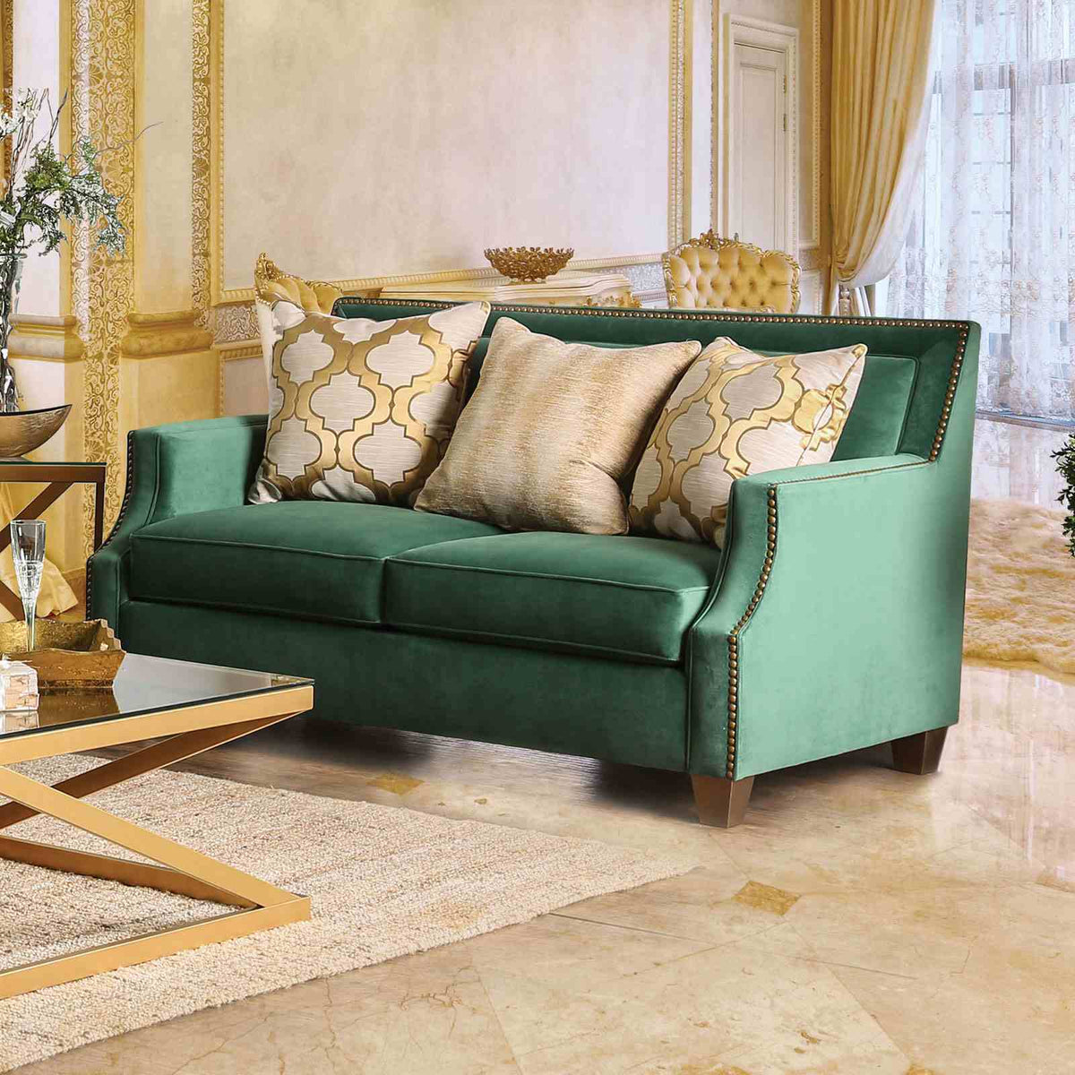 Verdante Emerald Green/Gold Transitional Living Room Set