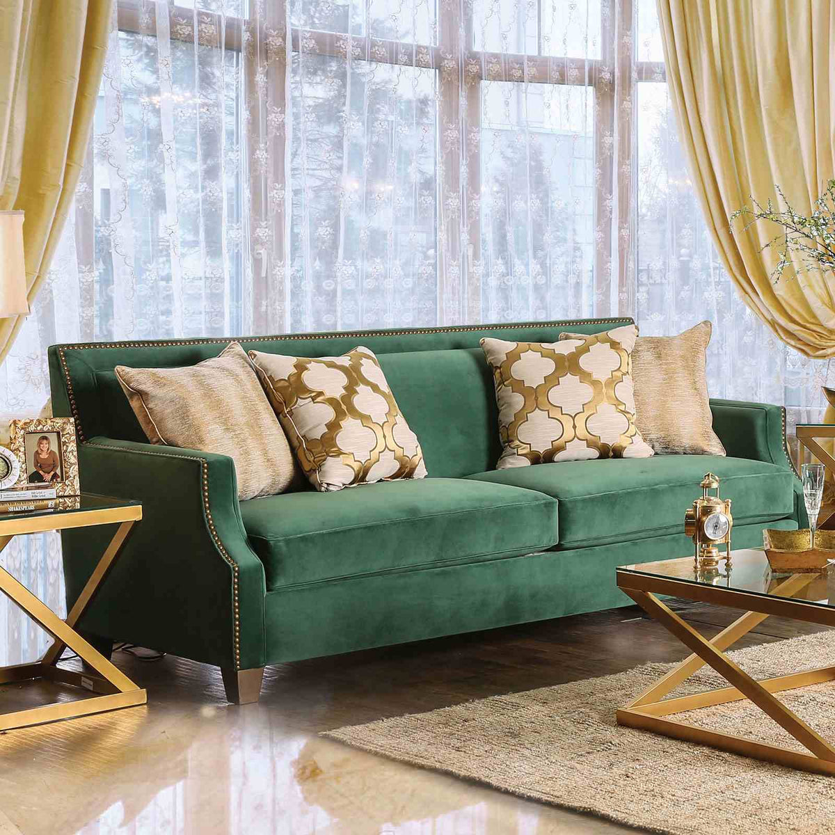 Verdante Emerald Green/Gold Transitional Living Room Set