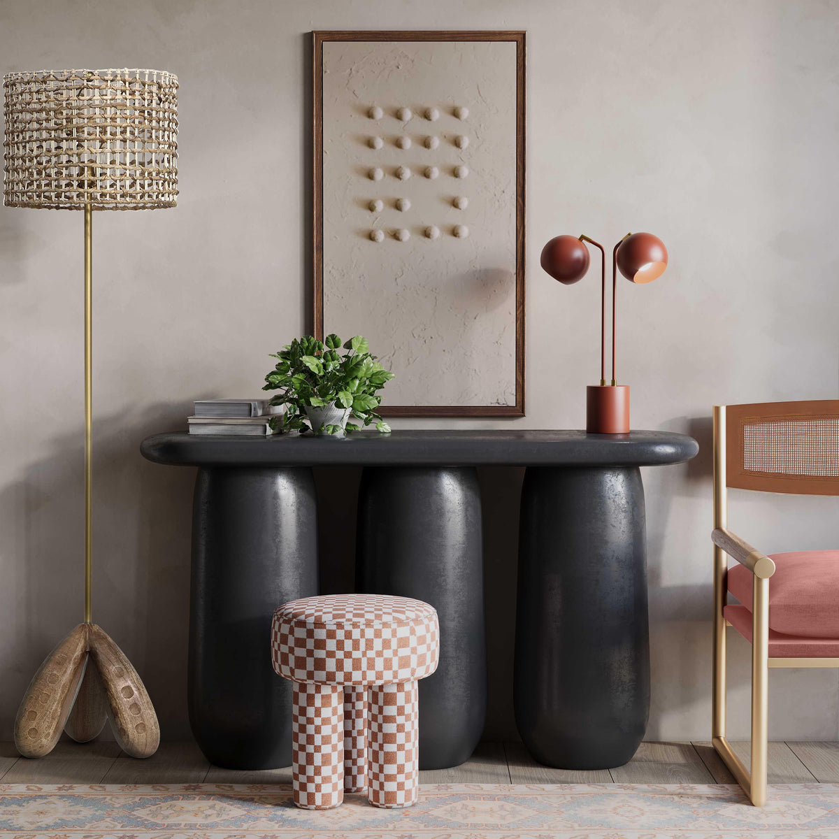 Claire Brown Checkered Boucle Stool - UK