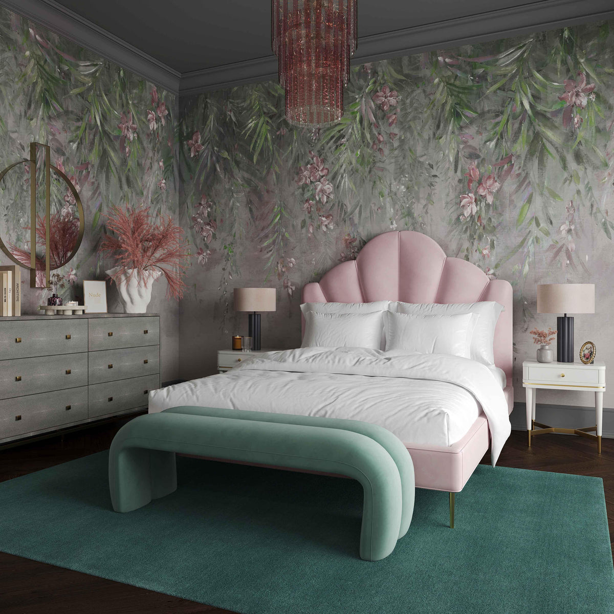 Leigh Green Velvet Channeled Bench - UK